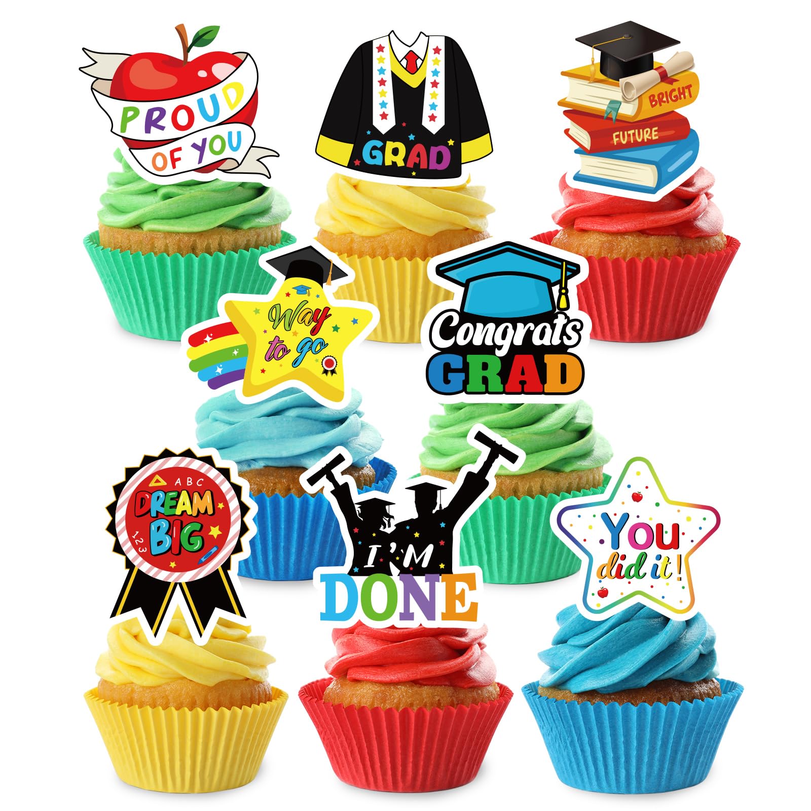 JarThenaAMCS 32Pcs Kindergarten Graduation Cupcake Toppers Congrats Grad Cupcake Picks for Preschool Primary School Graduate Party Supplies, 8 Designs