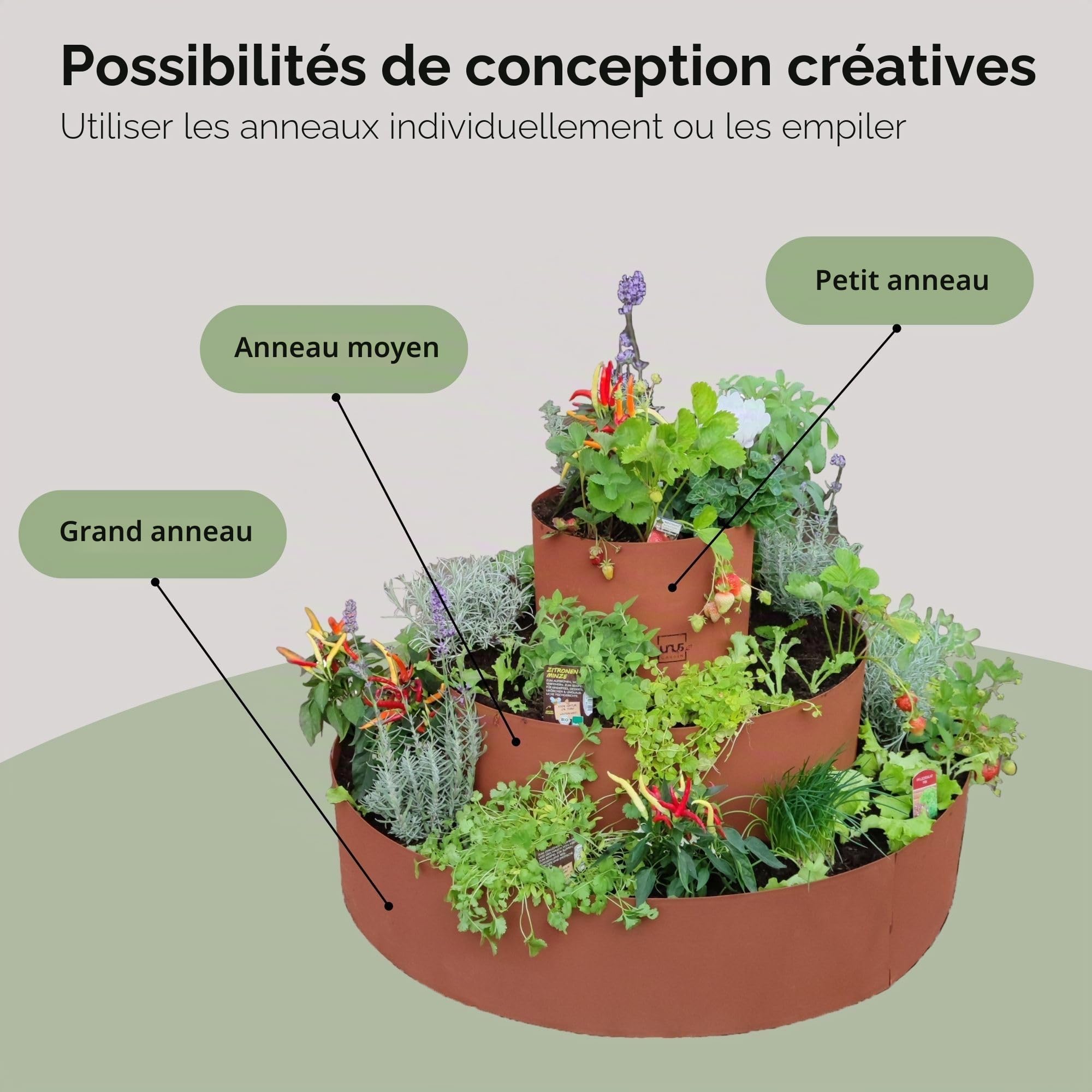 UNUS Garden Spirale à herbes en acier inoxydable 3 niveaux Ø 30 cm, 60 cm