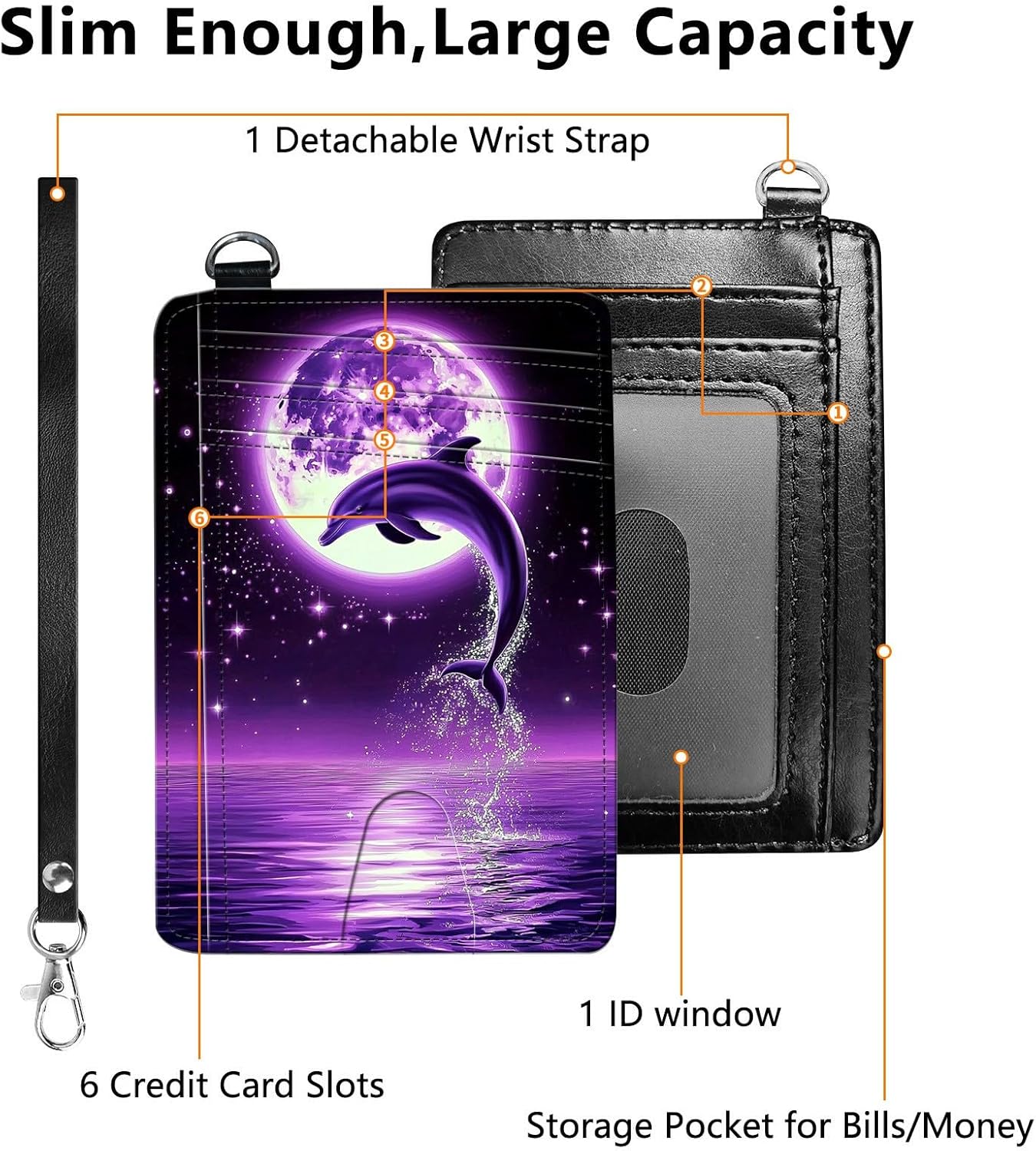 Slim Minimalist Wallet for Men Women Small Credit Card Holder Wallet Front Pocket RFID Blocking Wallets Travel Card Case with ID Window Card Organizer & Wristlet,Purple Moon Dolphin Jumping - Image 3