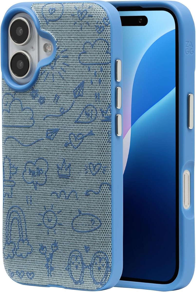 ZAGG London Snap Case for iPhone 16 - Embroidered Doodle Fabric Design, MagSafe Compatible, 13ft Drop Protection with Graphene, Slim & Lightweight, Wireless Charging Compatible, Blue