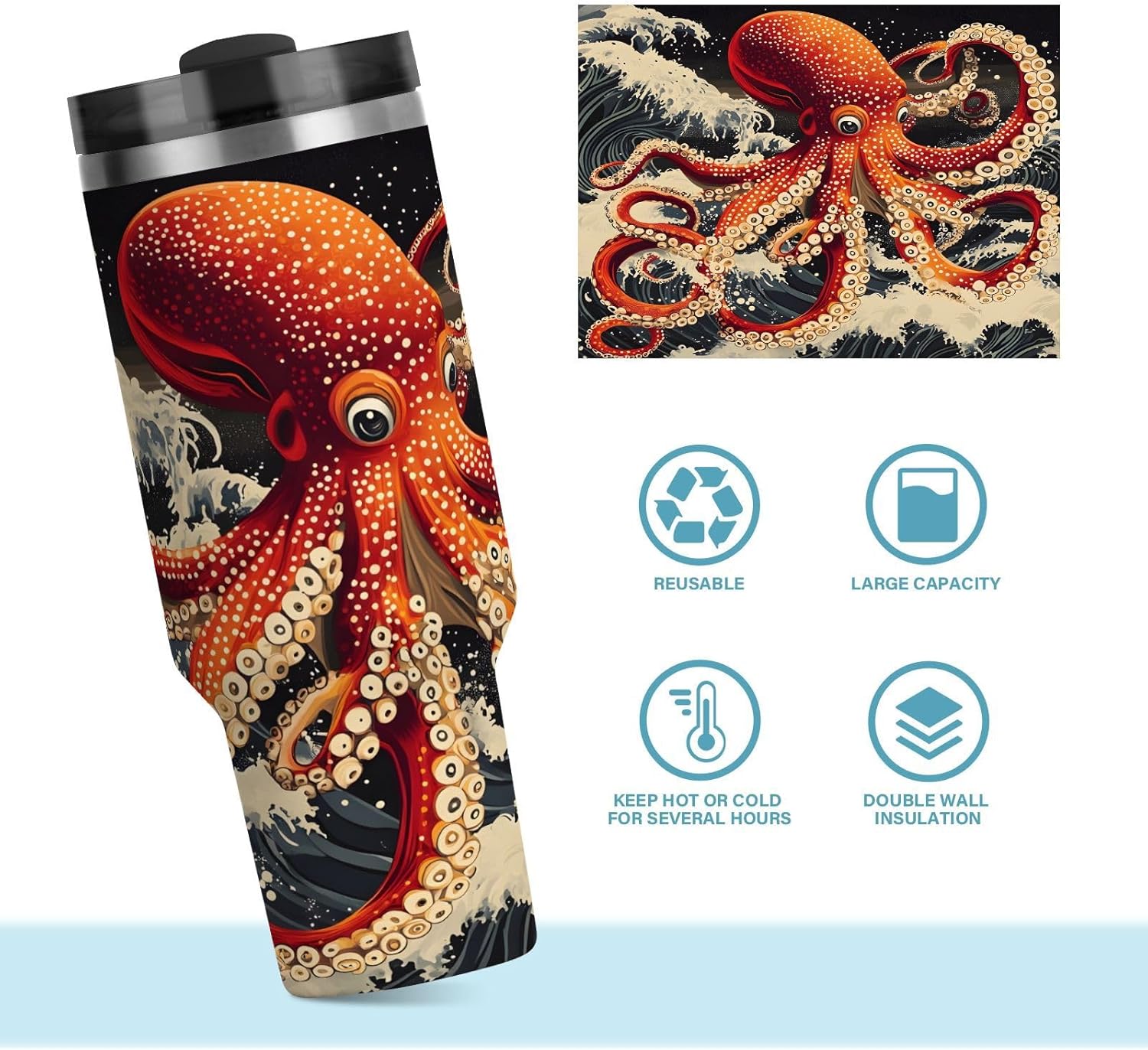 YETTASBIN Red Octopus 40 oz Tumbler with Handle, Stainless Steel Vacuum Insulated Sports Water Bottle, Leak-proof Travel Coffee Mug Cup with Lid and Straw for Water, Iced Tea or Coffee - Image 8