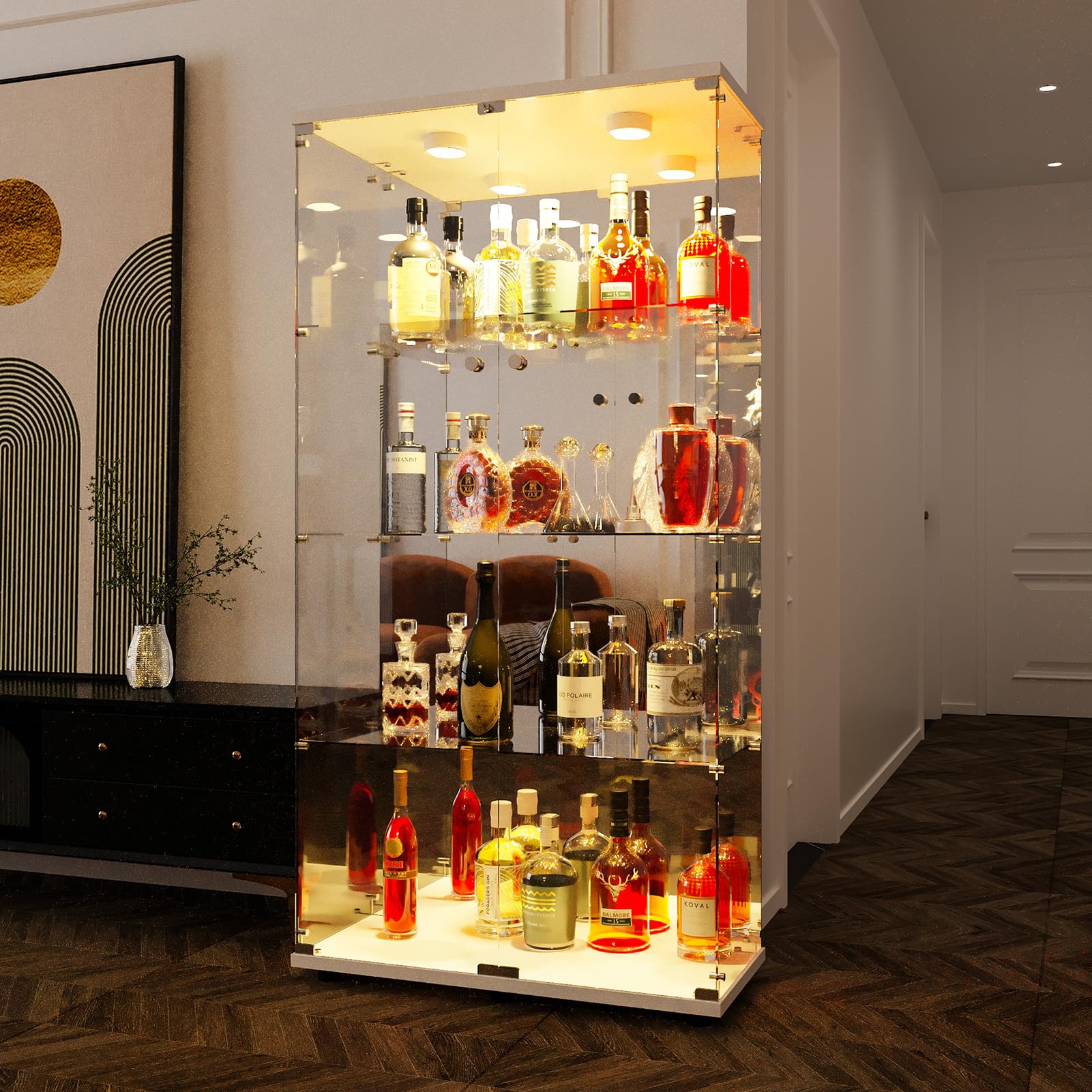 BRILVERDE Vetrina con Ripiani in Vetro, con Luci LED, Doppia Anta con Serratura, Mobile Vetrina per Collezioni, Libri, Vini, Ufficio e Soggiorno (4 Bianco Specchio LED, 164 x 80,5 x 36,5 cm)