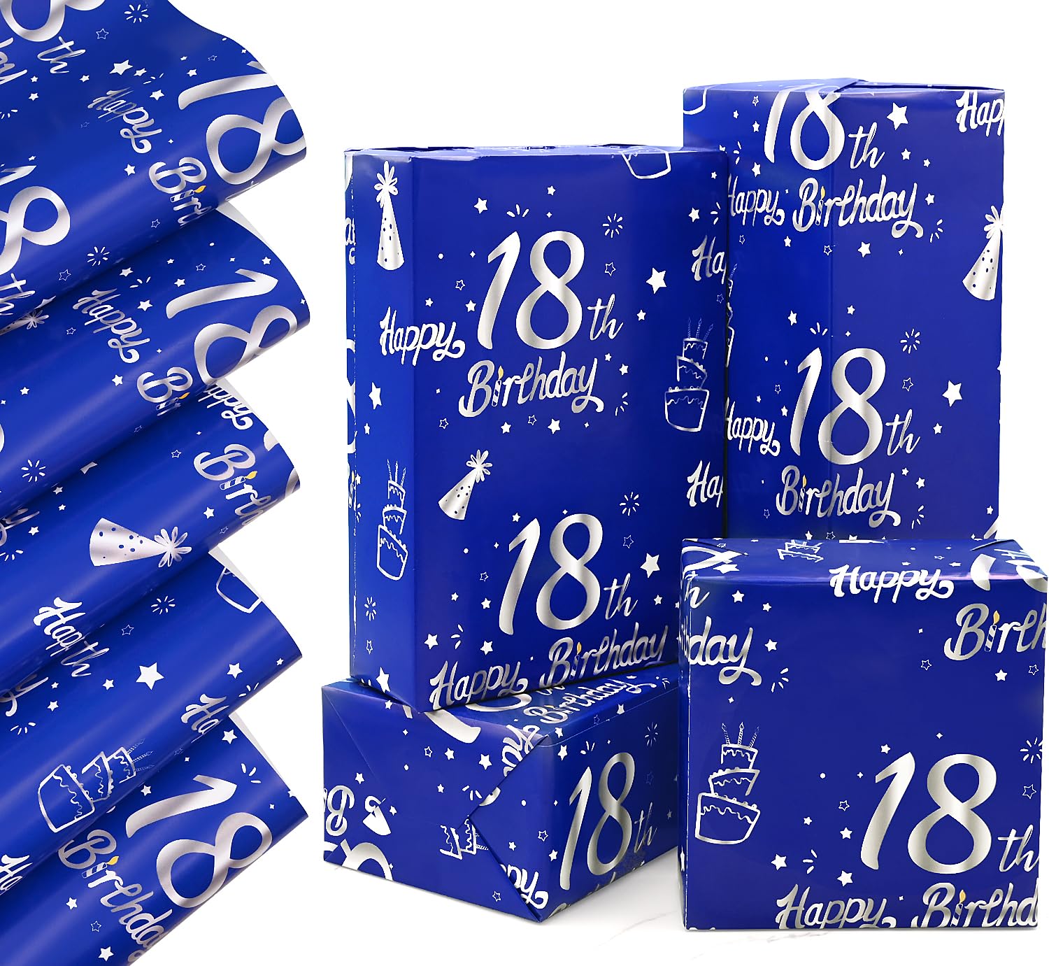 QRTDXP Blue 18th Birthday Wrapping Paper Sheets,5pcs 50 * 70cm Large Silver 18th Birthday Decorations, Blue Eco-friendly Gift Wrap Perfect for Boy Girls — image 1