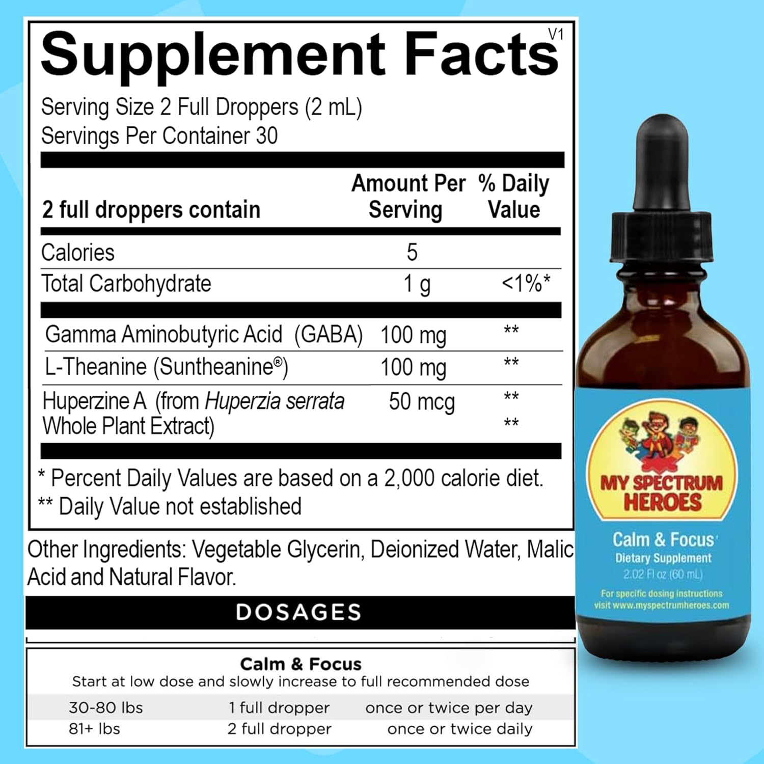 My Spectrum Heroes Calm & Focus Supplement Drops - Brain Support with L-theanine, GABA, Huperzine A - Enhance Focus for Kids or Adults - Boost Concentration for Kids & Teens - 2.02 FL oz. (60 ml)