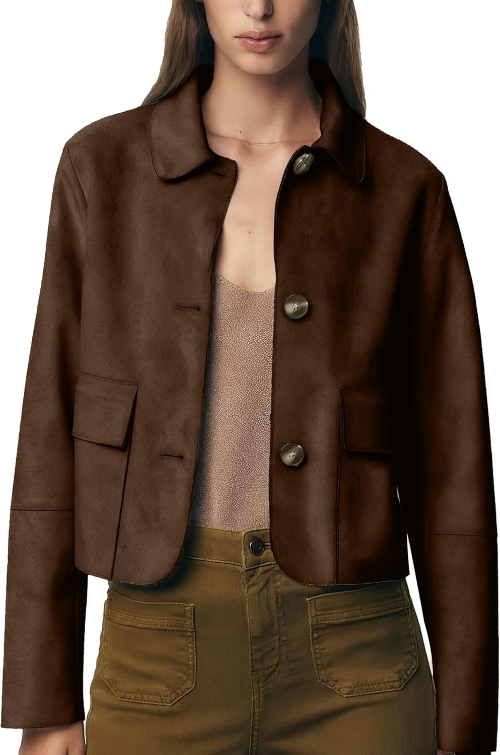 Womens Faux Suede Bomber Jacket Fall Long Sleeve Lapel Button Down Jackets Trendy Going Out Casual Outerwear