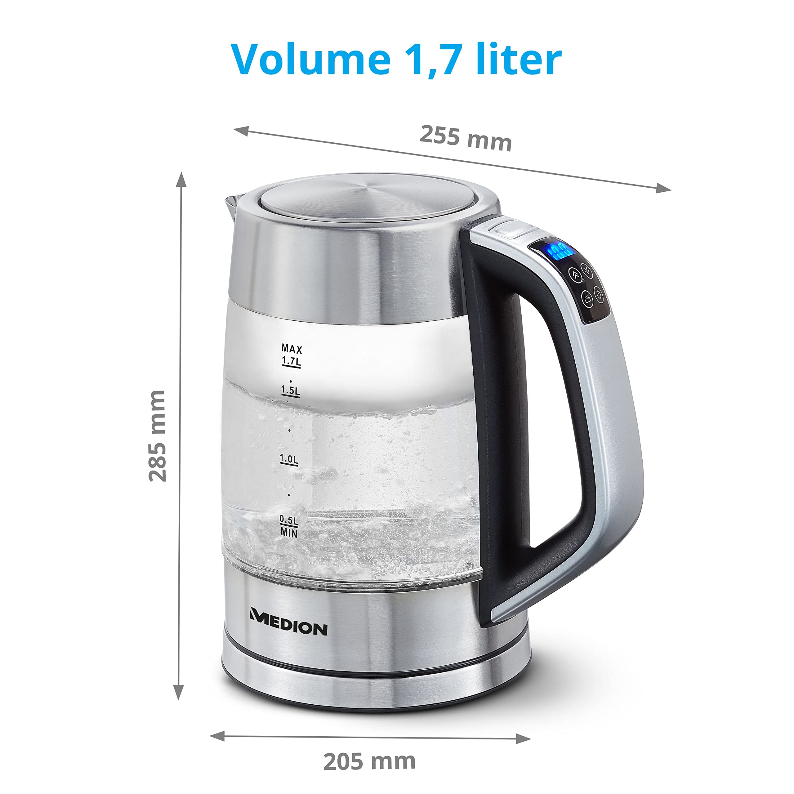 MEDION Waterkoker, temperatuurinstelling, glas, roestvrij staal, 2200 Watt, 1,7 Liter, filter, 30-100° C, thee, babyvoeding, basisstation, MD10210
