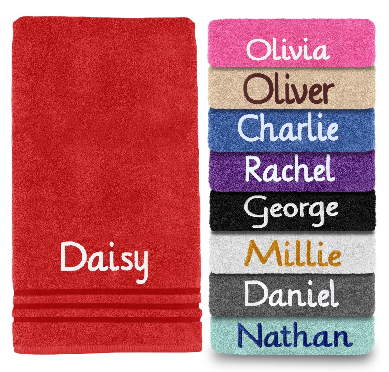 Dream Zone Personalised Embroidered Towels Set ANY NAME | Face Cloth | Hand Towel | Bath Towel | Bath Sheet | Beach Swimming Towel | Supreme 100% Egyptian Cotton 550GSM (Bath Sheet, Red) — image 1