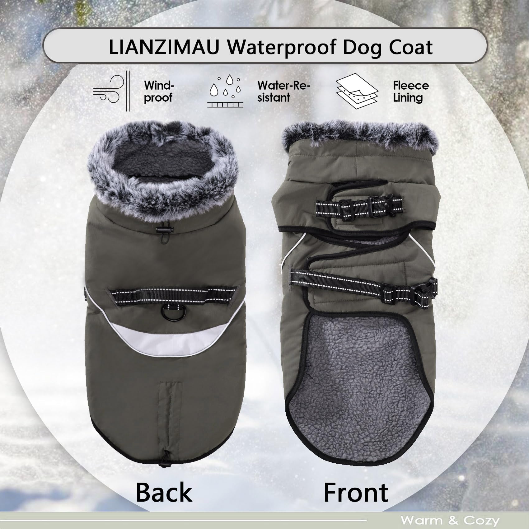 LIANZIMAU Cappotto impermeabile per cani con pettorina Cappotto invernale per cani con fodera in pile Cappotto caldo giacca riflettente per cani