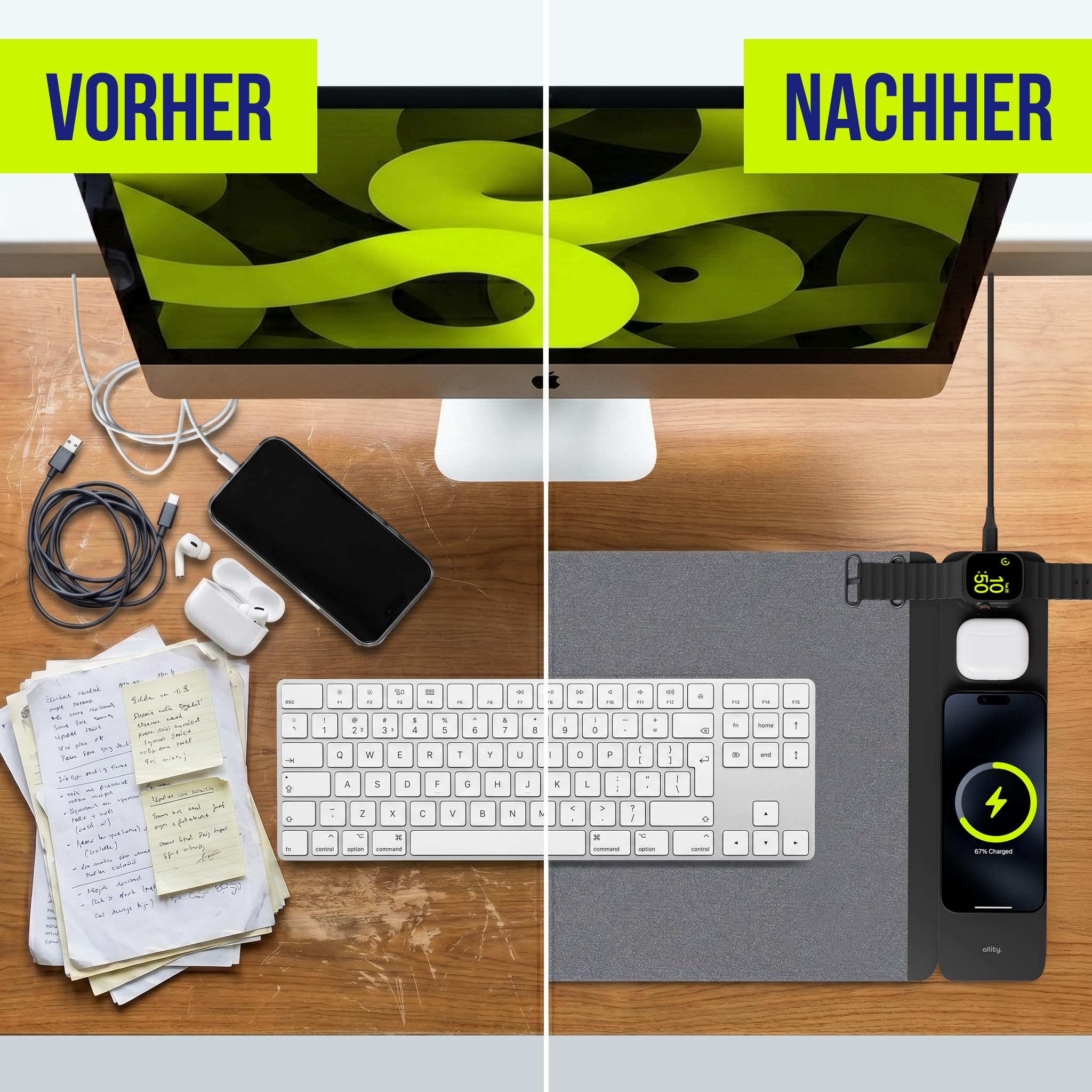Tappetino da Scrivania con Ricarica Wireless 4 in 1, 15 W | Tappetino per Laptop e Mouse, Caricatore Wireless Qi per Smartphone, Nero