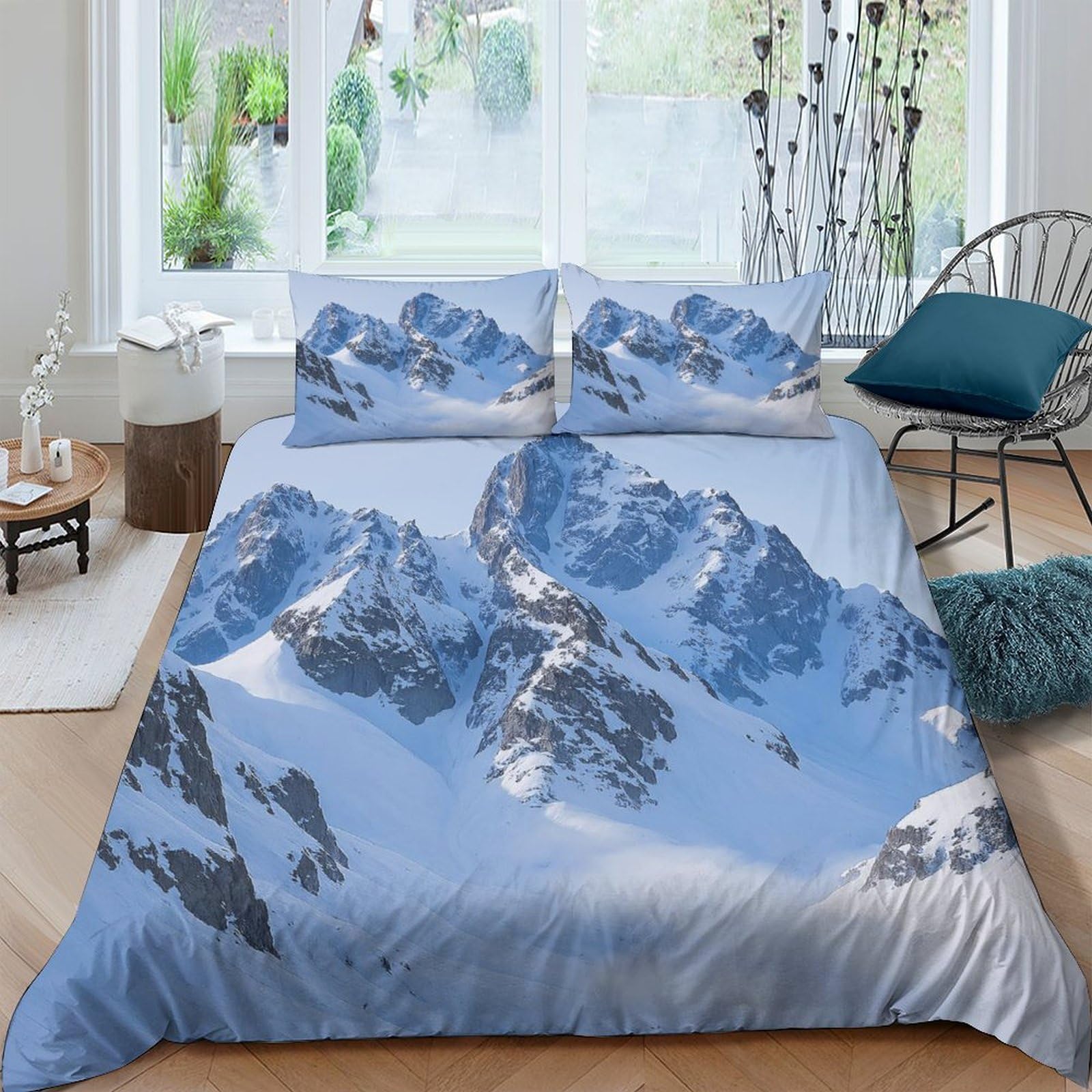 GPLZQXKJNH 3D Printed Snow Mountain Duvet Cover Microfiber Soft Breathable Glacier Peak Bedding Set with 2 Pillowcases for Bedroom Decor Single（135x200cm）