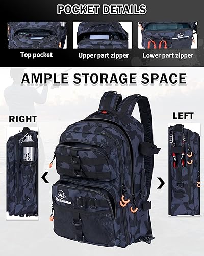 Miniatura 3 de Fishing Backpack with Rod Holders,900D Oxford Water-Resistant Fishing Gear,42L Large Storage Tackle Bag for Men Bk Camo