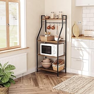 ALLOSWELL Bakers Rack with Storage, Microwave Oven Stand for Kitchen, 4-Tier Kitchen Storage Shelf with 6 Hooks, Industrial Kitchen Organizer Rack, Coffee Bar, Rustic Brown BRHR6001
