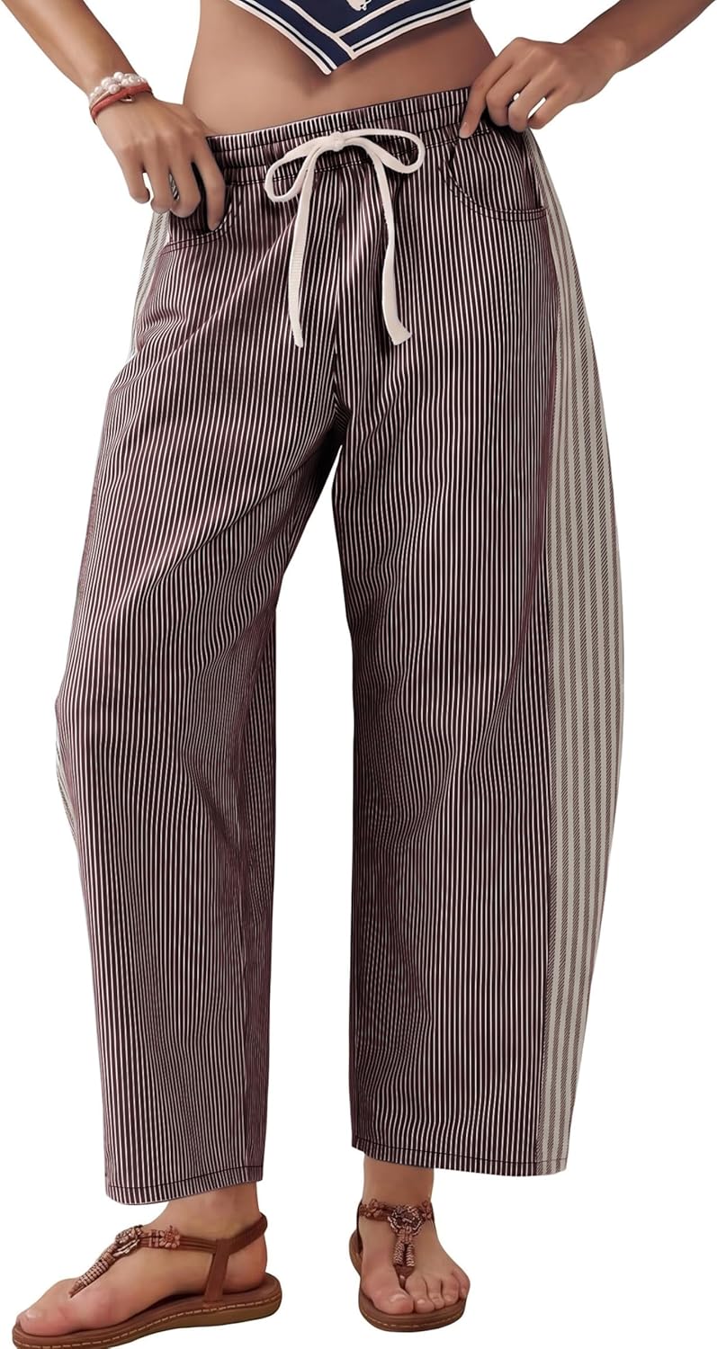 SCUSTY Women's Baggy Wide Leg Jeans Mid Rise Barrel Denim Ankle Pants Casual Striped Pull On Drawstring Trousers with Pockets