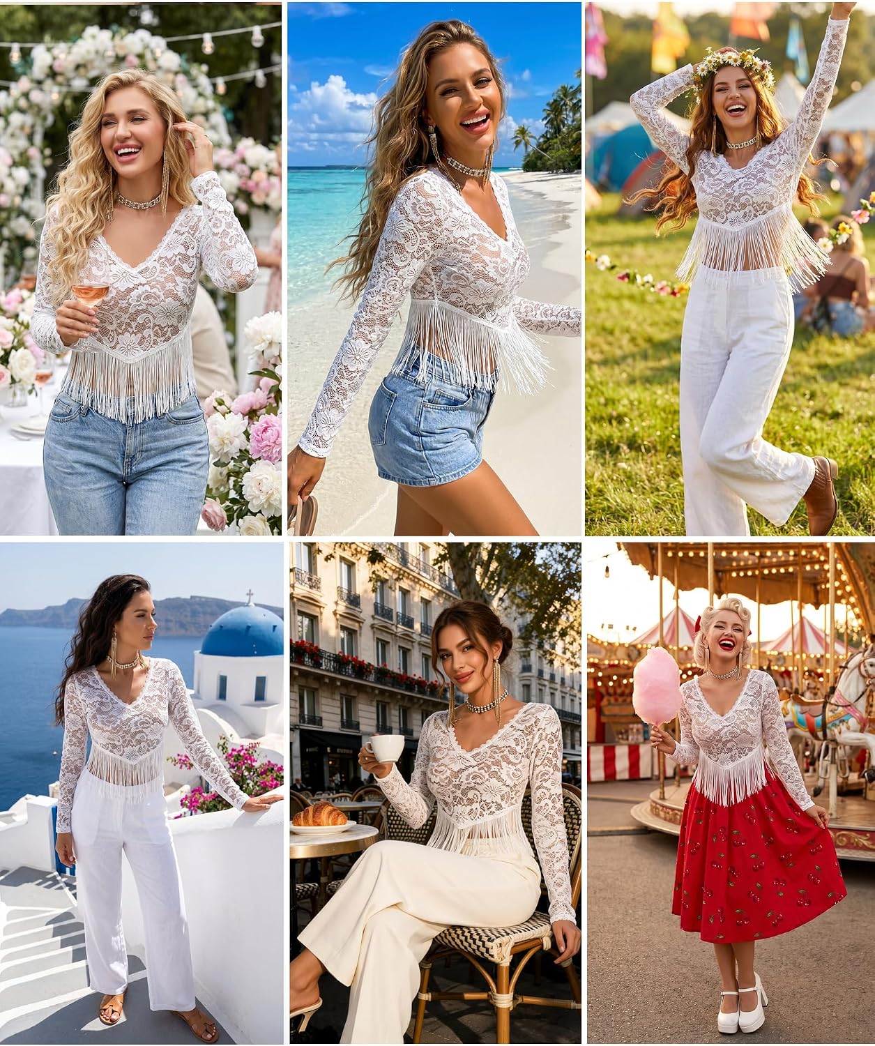 Avidlove Women's Sheer Lace Fringe Crop Top V Neck Long Sleeve Floral Mesh See Through Tassel Blouse for Party Club Night Out