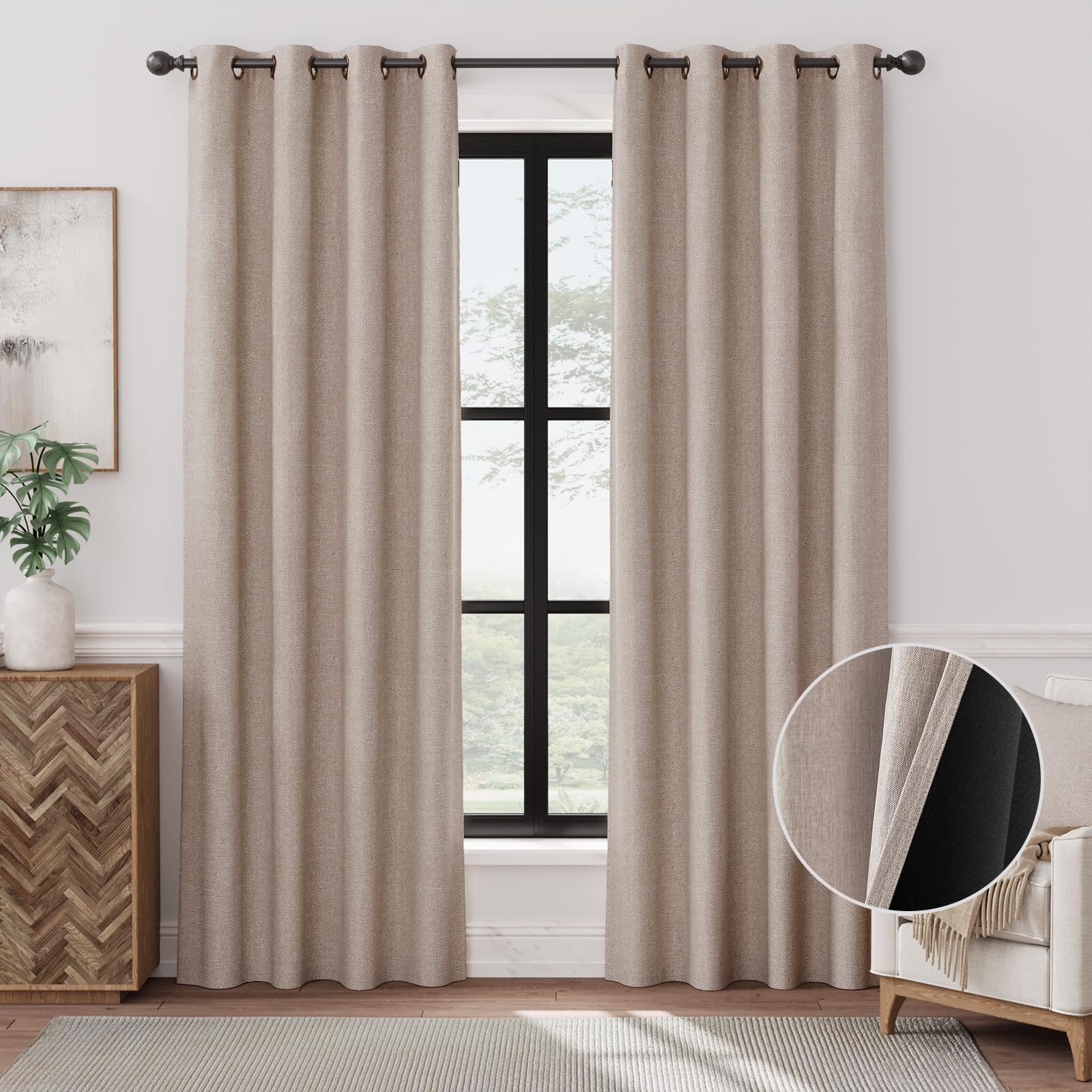 Vangao 90% Blackout Faux Linen Curtains for Bedroom - Thermal Insulated Room Darkening Curtains & Drapes for Living Room and Dining Room, 2 Panels Set, Grommet Top Window Treatments, Tan, W54 x L84