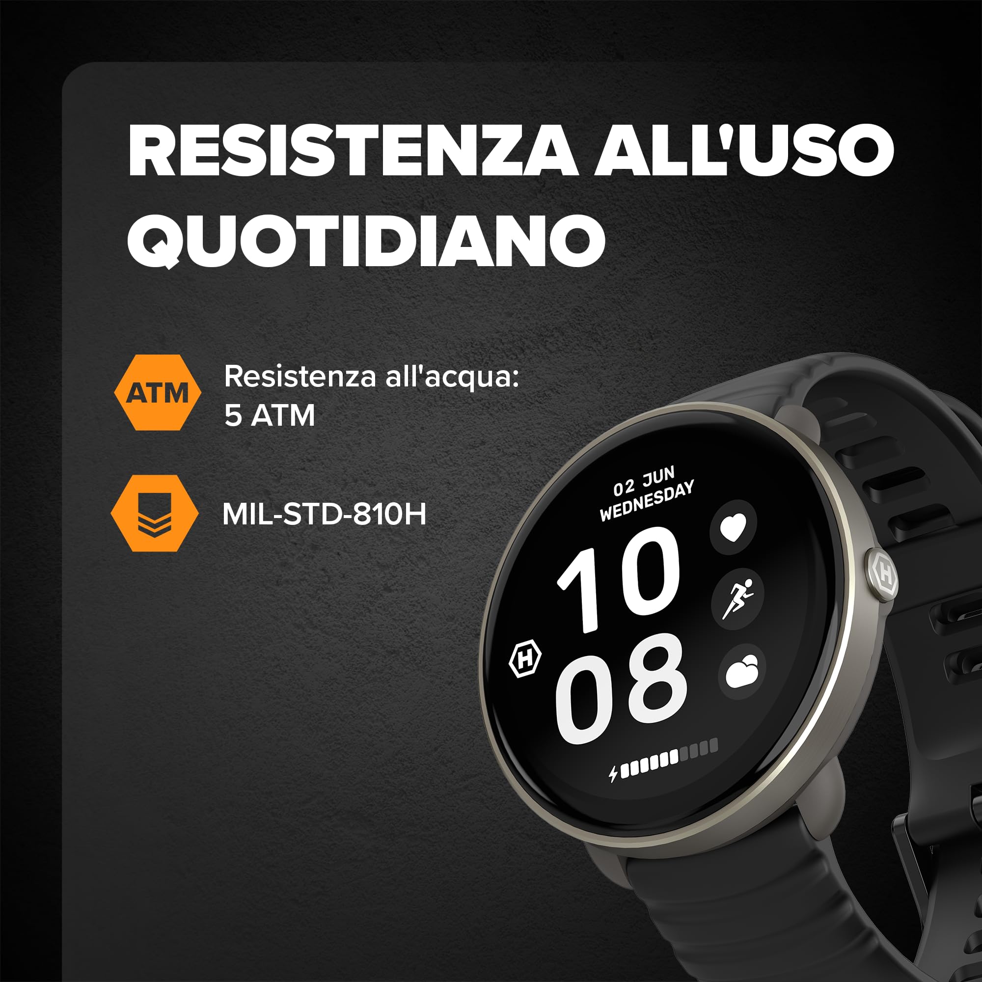 HAMMER VENTUS Smartwatch – Pantalla AMOLED de 1,3", pulsómetro y SpO2, 144 modos deportivos, Bluetooth 5.3, compatible con Android e iOS, resistente, color negro