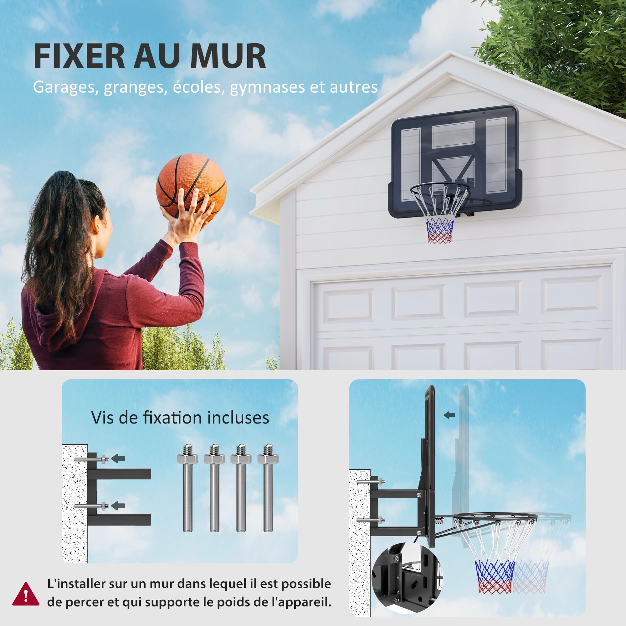 SPORTNOW Canasta de Baloncesto de Montaje en Pared, con Tablero irrompible, aro de Acero y Malla antidesgarros, Tornillo de Montaje, para Uso en Exteriores e Interiores, Negro
