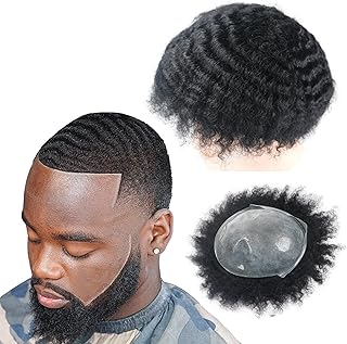 lumeng 10MM Wave Afro Black Mens Toupee Man Wigs100% Human Hair African American 360 Systems Skin PU Kinky Hair pieces Replacement 1#Jet black Male hair Unit Prosthesis Patch Implant 8X10