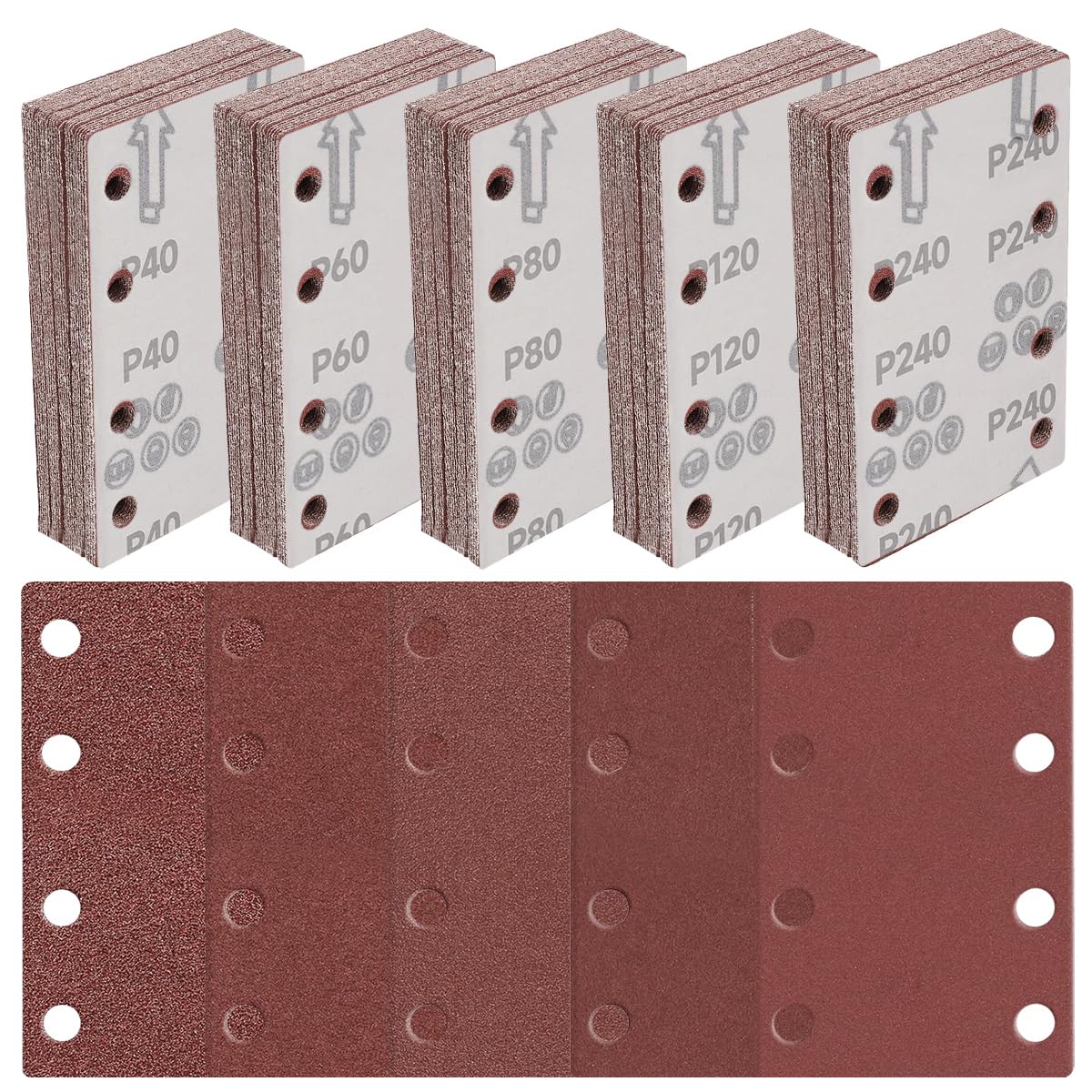 YBCCBY 100 Pieces Sanding Sheets, 40/60/80/120/240 Grits Sandpaper Set with 8 Holes Rectangular Sander Sanding Discs Sand Sheets Hook and Loop Sander Pads for Sander Polishing and Rust Removal