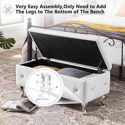 Miniatura 5 de mikibama Banco otomano de piel sintética para dormitorio, banco otomano de almacenamiento con botones de cristal con asiento y patas de metal