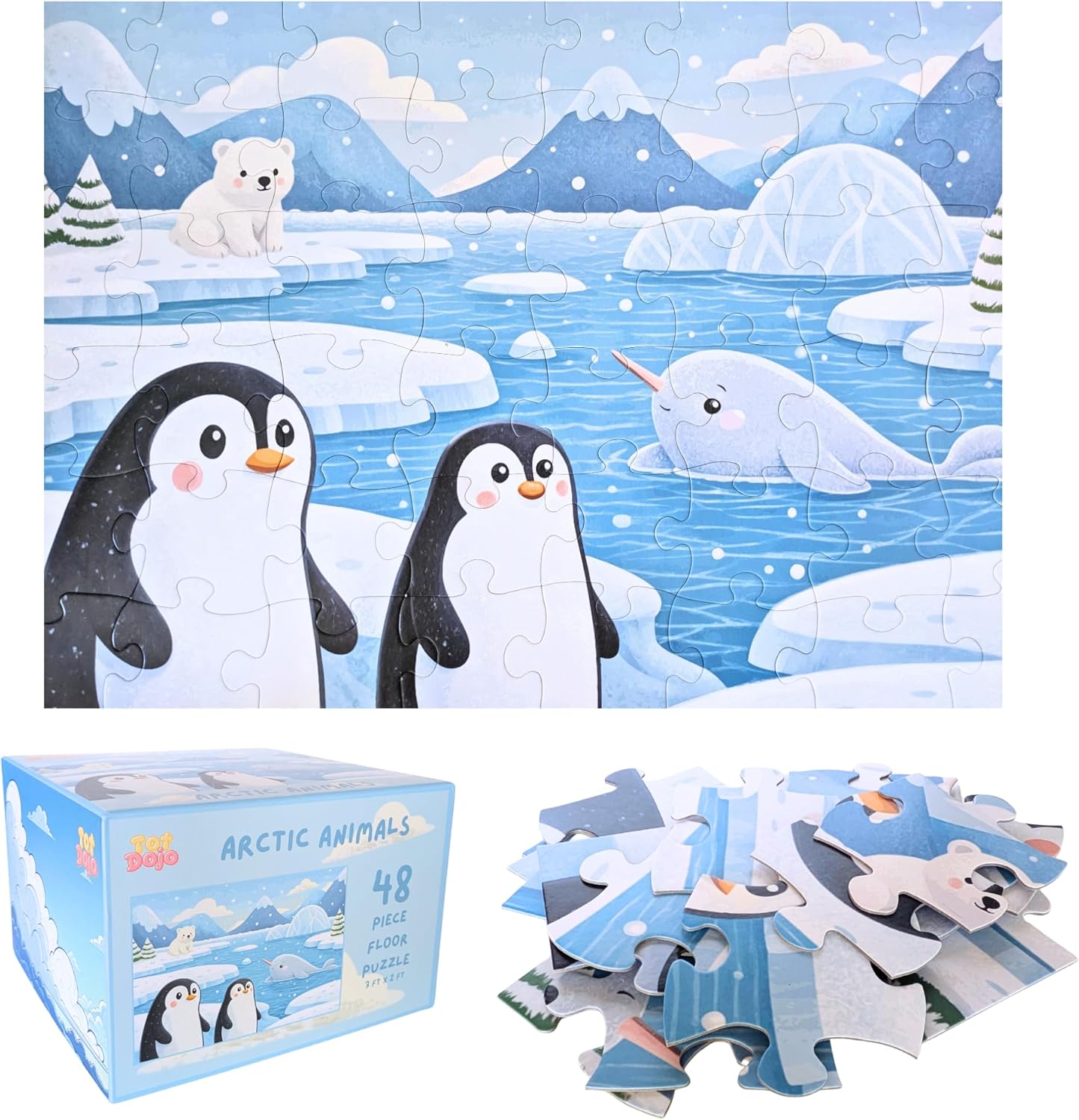 Arctic Animals Jumbo Floor Puzzle for Toddlers & Kids - Penguins, Polar Bear, Narwhal, Winter Ocean Scene - 48 Large Pieces, 3 x 2 Feet - Tot Dojo