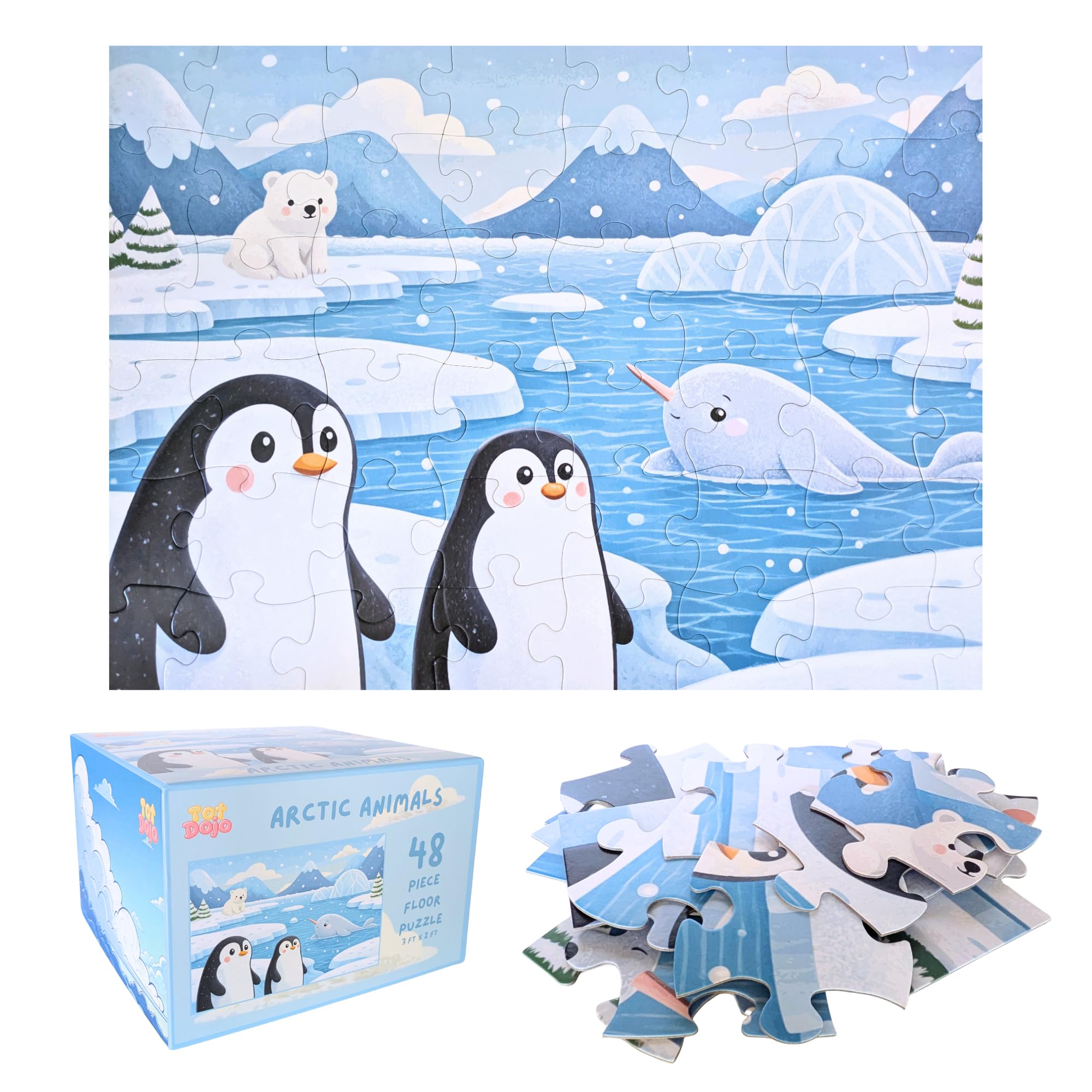 Arctic Animals Jumbo Floor Puzzle for Toddlers & Kids - Penguins, Polar Bear, Narwhal, Winter Ocean Scene - 48 Large Pieces, 3 x 2 Feet - Tot Dojo