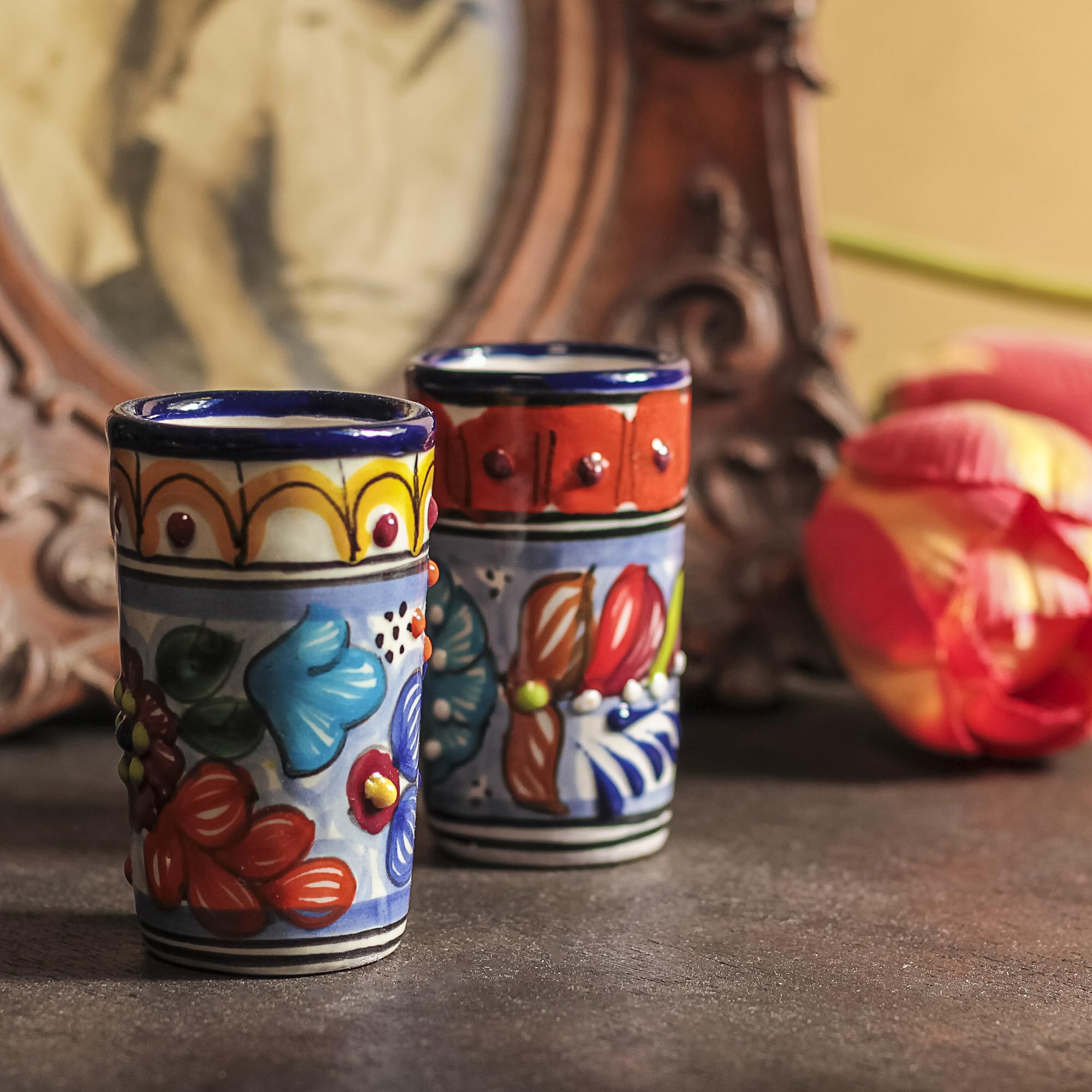Talavera Lot de 4 verres à shot mexicains authentiques à tequila - Peints à la main - 60 ml (Talavera coloré)