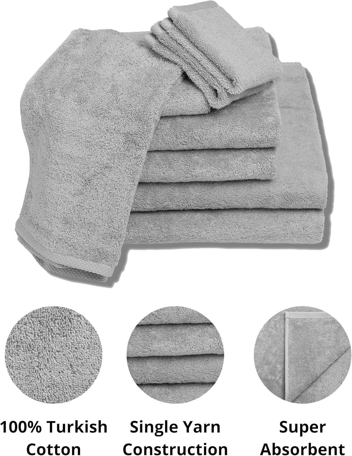 🔥 Hot Deals Luxury Extra Large 8-Piece Turkish Towel Set with 4 Bath Towels (30x60 and 24X48) - Light Grey