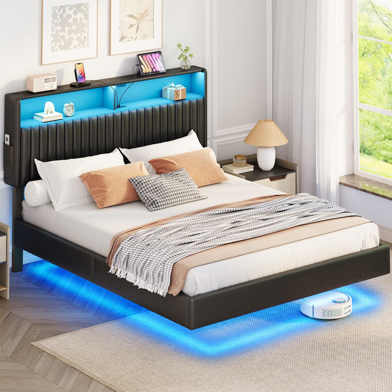 Seventable Metallbett 140x200 cm mit LED-Beleuchtung, Schwebendes Design, Stabil & Robust, Einfache Montage, Schwarz – Ohne Matratze