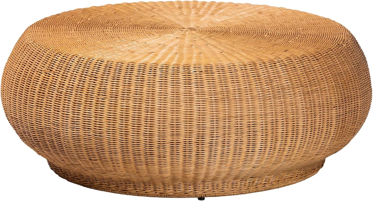 Bali & pari Beatriz Natural Rattan Coffee Table : Handwoven Wicker Accent Table with Sculptural Drum Silhouette and Round Tabletop for Living Room or Sunroom