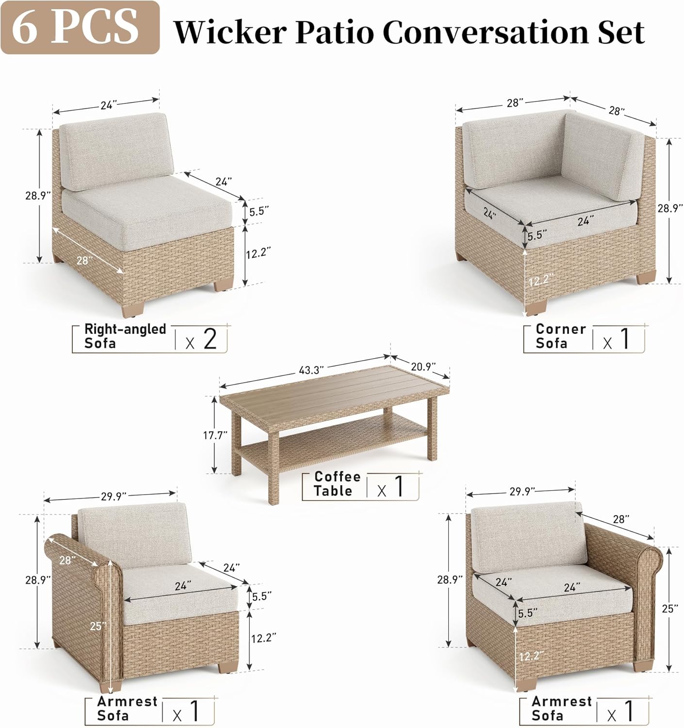 Patio Furniture Set 6 Piece, Wicker Rattan Sectional Sofa Couch with 5.5" Thick Waterproof Cushion and Coffee Table, L Shape All Weather Outdoor Conversation Set for Lawn Backyard Deck, Beige