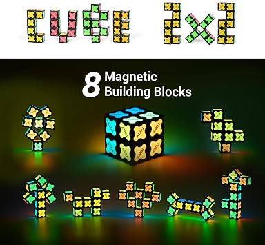 TOSY Magnet Cube 2x2 - 8 Building Blocks 2-in-1: 2x2x2 Puzzle Cube & Adjustable Infinity Cube Luminous with UV Flashlight Easter Gift for Kids/Grandchildren STEM Toy Pack of 4