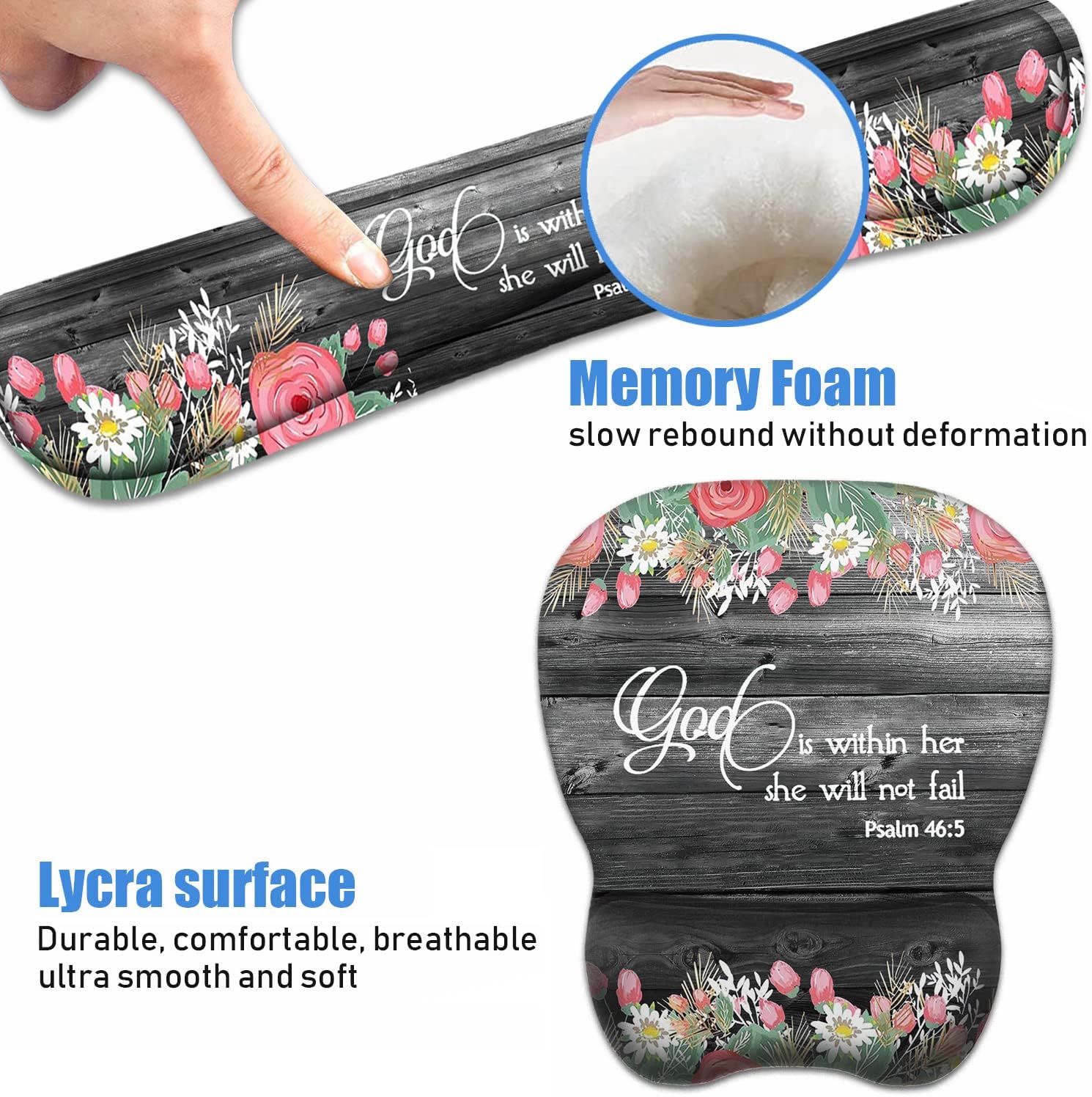 Ergonomic Mouse Pad Wrist Support and Keyboard Wrist Rest Set with Coasters, Non-Slip PU Base, Easy Typing & Pain Relief for Computer Laptop Home Office, Floral Quote Bible Verse Psalm 46:5