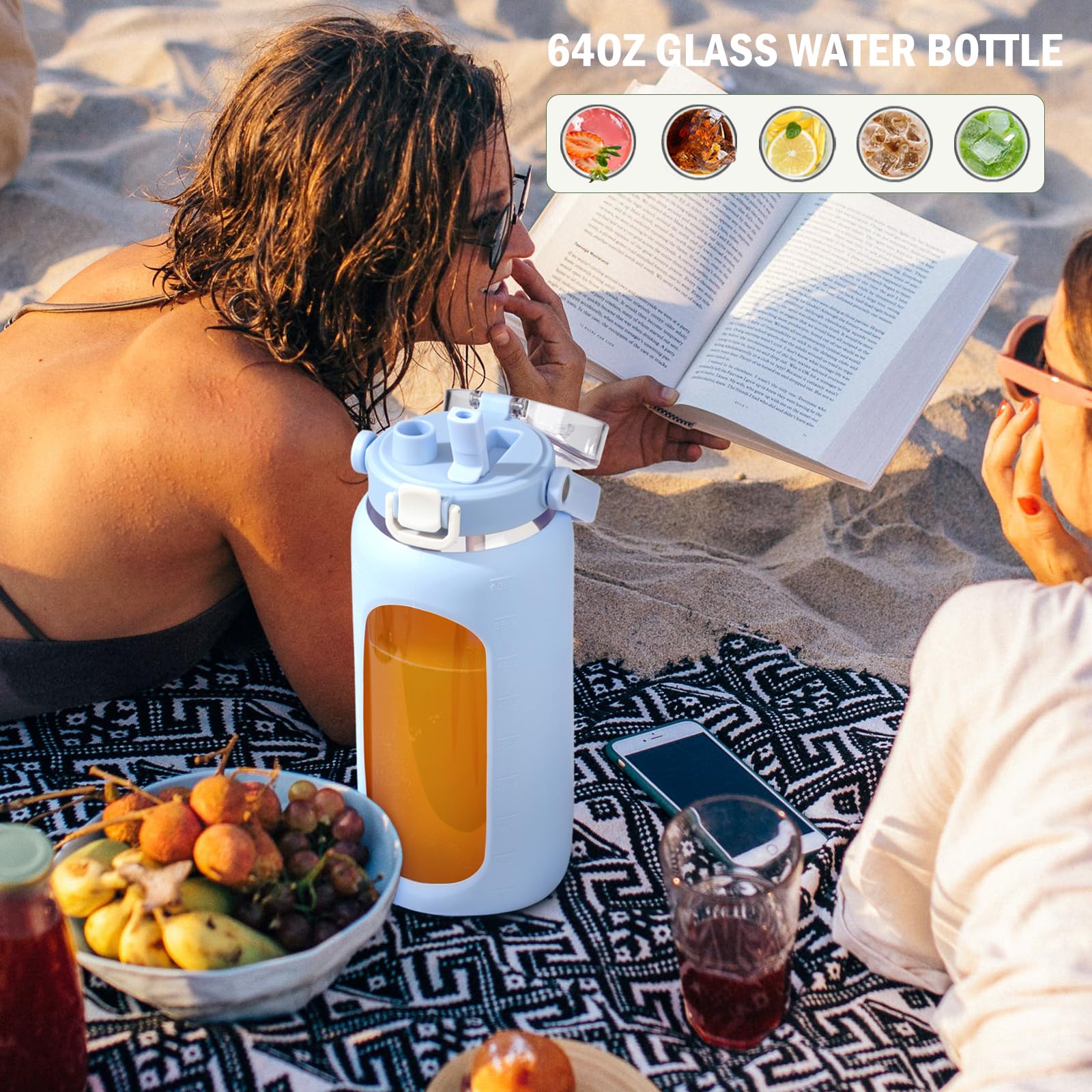 2 Liter Waterfles Met Rietje En Lekvrij Klepje, 2000 Ml Waterfles B Vrij Met Tijdmarkering