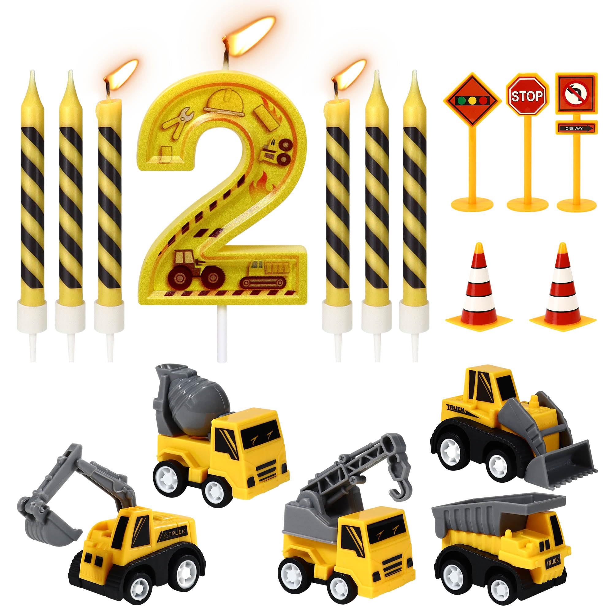 17Pcs Construction Candles Set for 2nd Birthday, Number 2 Candle with Construction Digger Cake Topper with Truck Road Sign Decor, Black Striped Candles for Birthday Anniversary Party Decorations