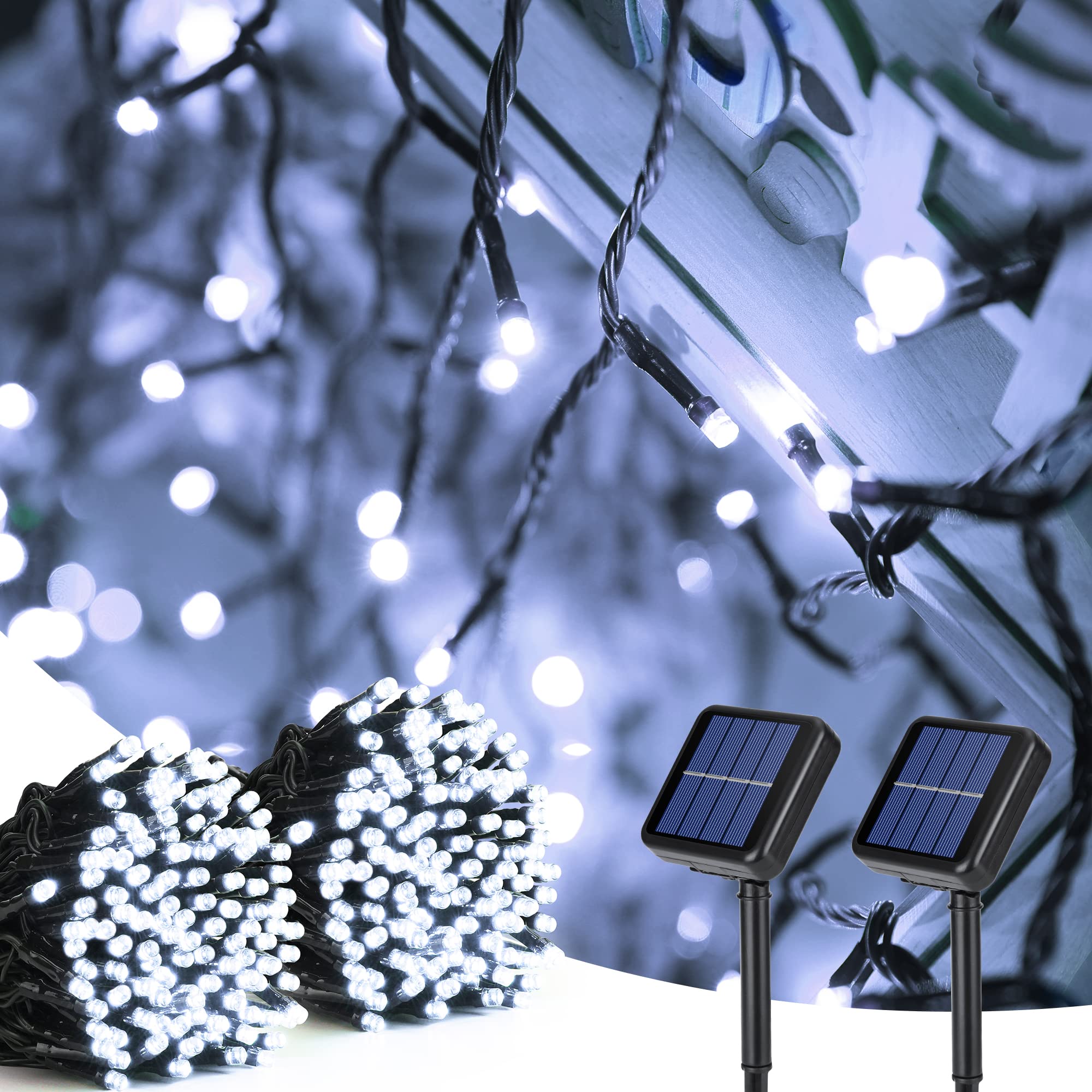 PhilzOps Catena Luminosa Solare, 2 Pezzi 22M 200 LED Natale Luce Stringa Solari Esterno 8 Modalità Impermeabile Bianco Freddo Luci Giardino Decorative Per Albero Esterni Patio Balcone Festa Matrimonio