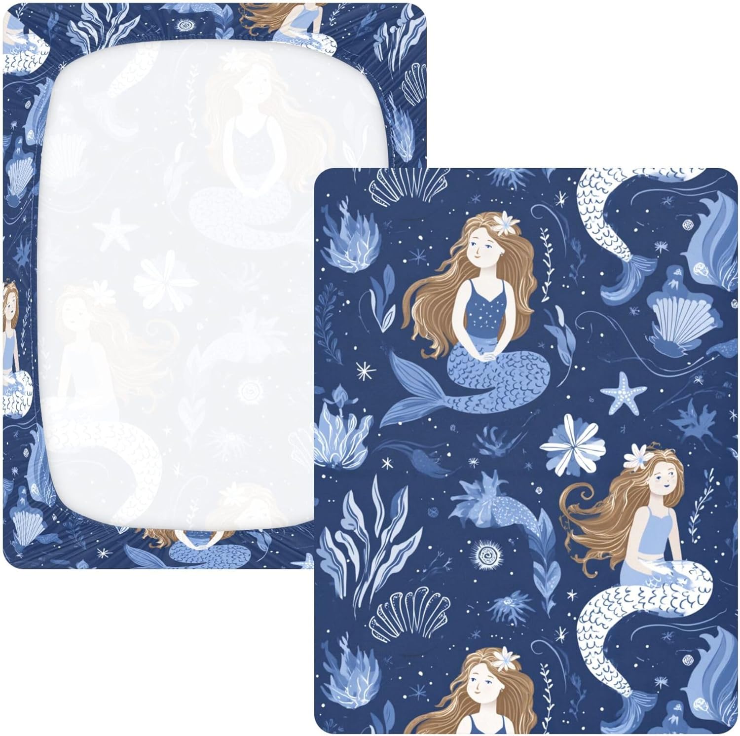 Cute Nautical Mermaid Crib Sheets Soft Breathable Fitted Cotton Baby Crib Sheets Mattress Cover for Girl Boy, 52" x 28" x 9"