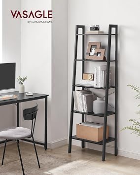 VASAGLE BARNET Collection - Ladder Shelf, Bookshelf, Storage Rack, Modern Bookcase for Living Room Home Office Kitchen, Steel Frame, 5-Tier, 22-Inch Wide, Ebony Black and Ink Black ULLS045B56