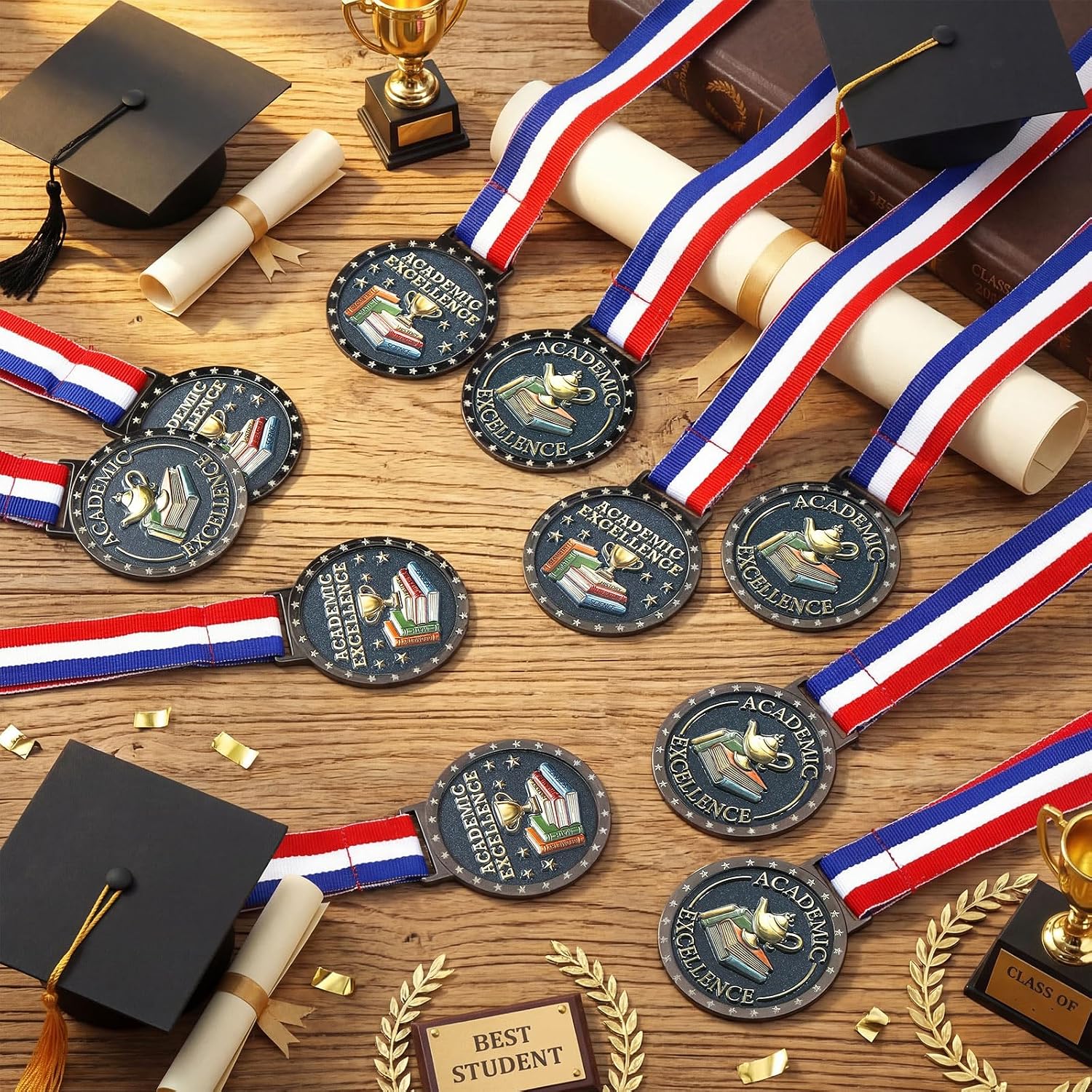 Gerrii 24 Pcs Academic Excellence Award Medals Bulk Graduation Medallion with Neck Ribbon for Students Graduation Party Favors Supplies