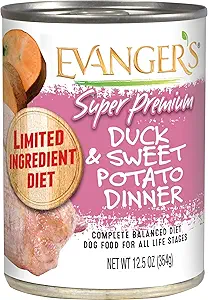 Evanger's Super Duck & Sweet Potato Dinner – 12 Count, 12.5 oz Each – Limited Ingredient Wet Dog Food – Grain & Gluten Free Recipe – Easy to Digest for Sensitive Stomachs