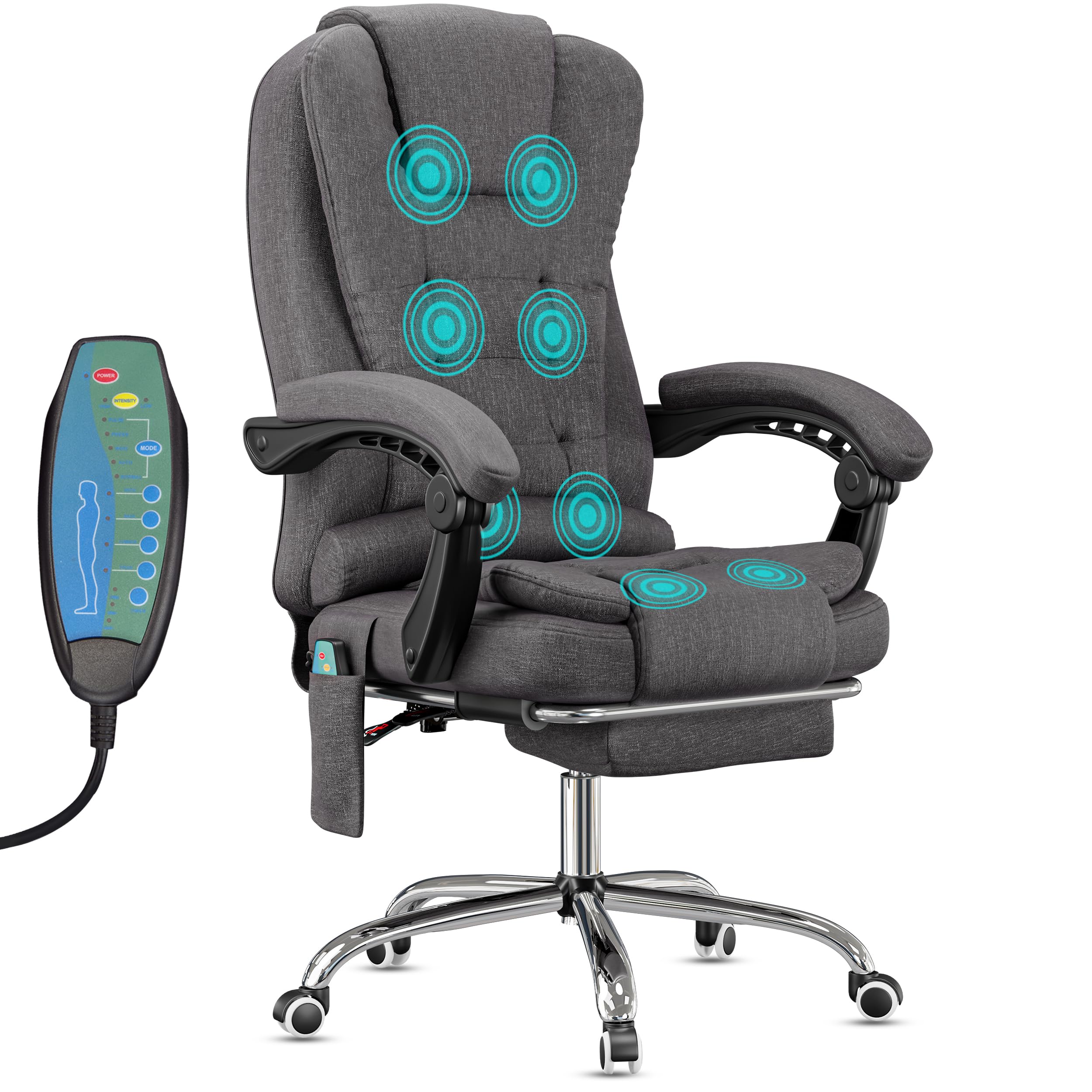 Desk Chair with 8-Point Massage Function – Ergonomic PC Gaming Chair with Backrest, Height Adjustment, Swivel Base and Supportive Cushioning for Home Office & Study - Linen (Dark Grey)
