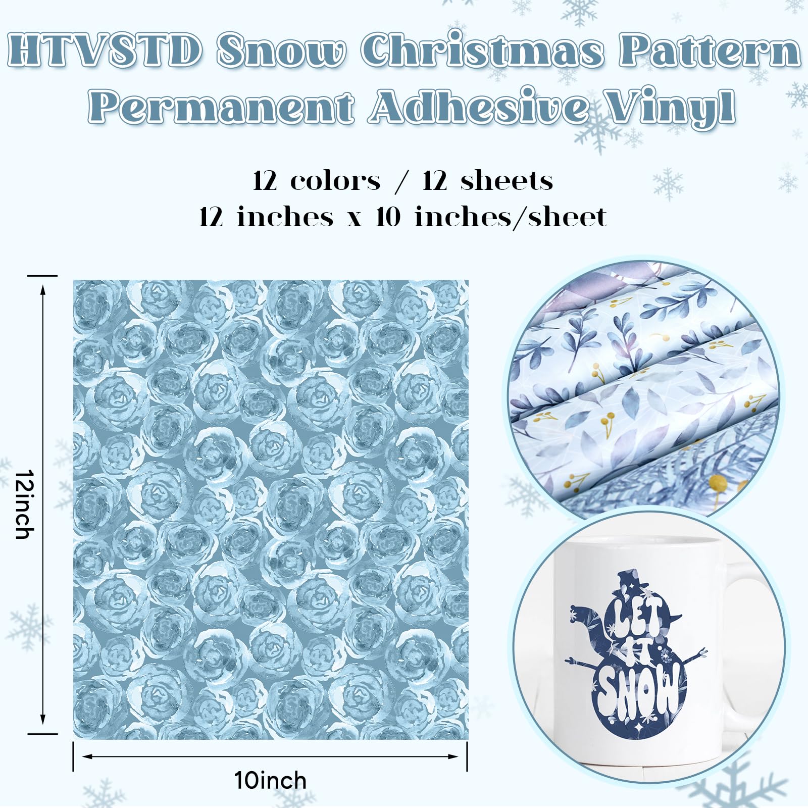 HTVSTD Christmas Permanent Adhesive Vinyl-12 Sheets 12'' x 10'' Snow Pattern Self Adhesive Vinyl Water Proofing Permanent Vinyl for Mugs
