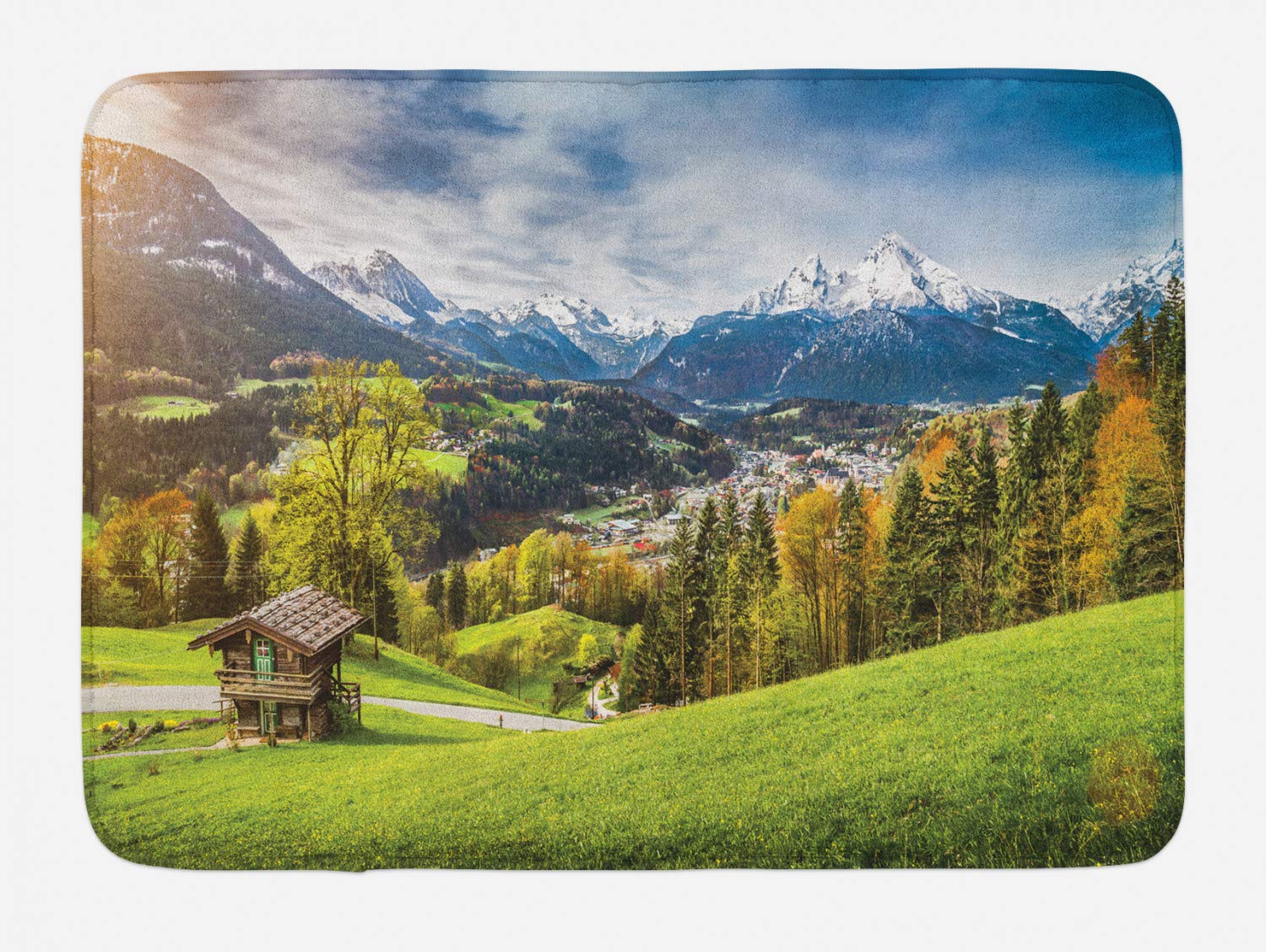 Ambesonne Landscape Bath Mat, Panoramic Scenery of Snowy Mountains Bavarian Alps National Park Germany, Plush Bathroom Decor Mat with Non Slip Backing, 29.5" X 17.5", Green Orange