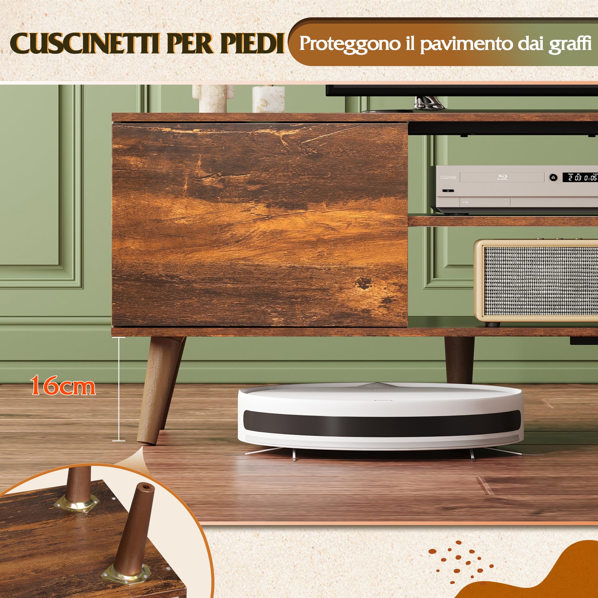 WLIVE Mobilio TV 160 cm con Ripiano Modulabile, Supporto TV fino a 79", Gestione Cavi, Ripiani Regolabili, Struttura Rinforzata (Carico 68 kg), Marrone Scuro