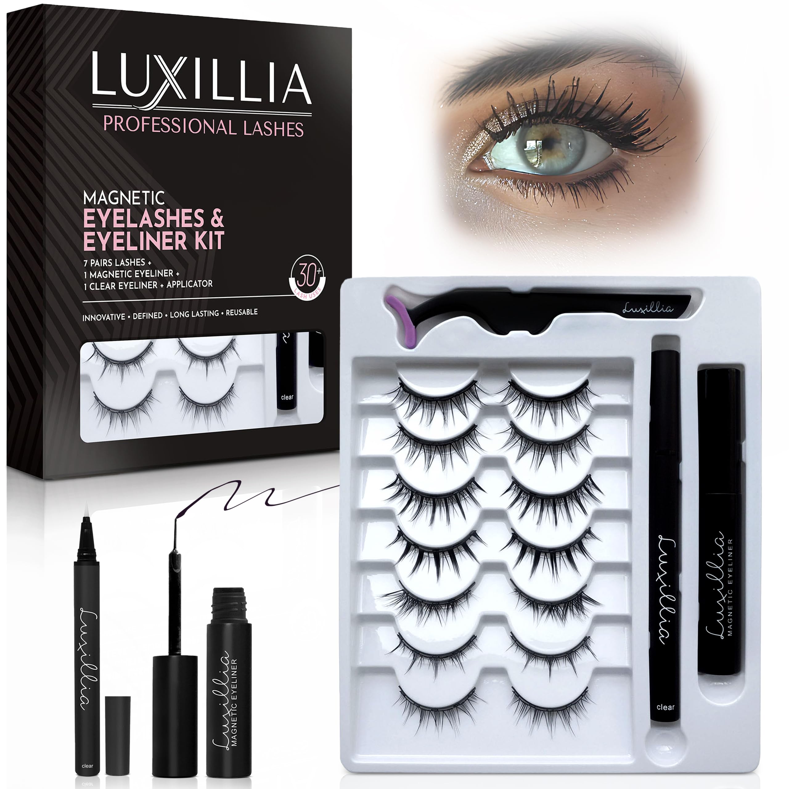 Luxillia Magnetic Eyelashes Kit – 10 Piece (Clear & Black) Magnetic Eyelash & Eyeliner Set with Applicator – Natural Look Easy Apply Reusable Fake Extension Lashes, No Glue – Pestañas Naturales