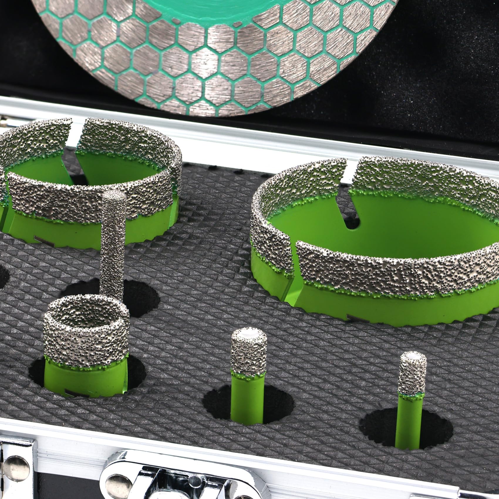 Punte Diamantate Gres Porcellanato - (6/8/20/25/35/50/68mm+6-25mm Fresa+50mm Punte Smusso+Adattatore)+115mm Disco Diamantate per Piastrelle Porcellana Piastrella Granito Marmo