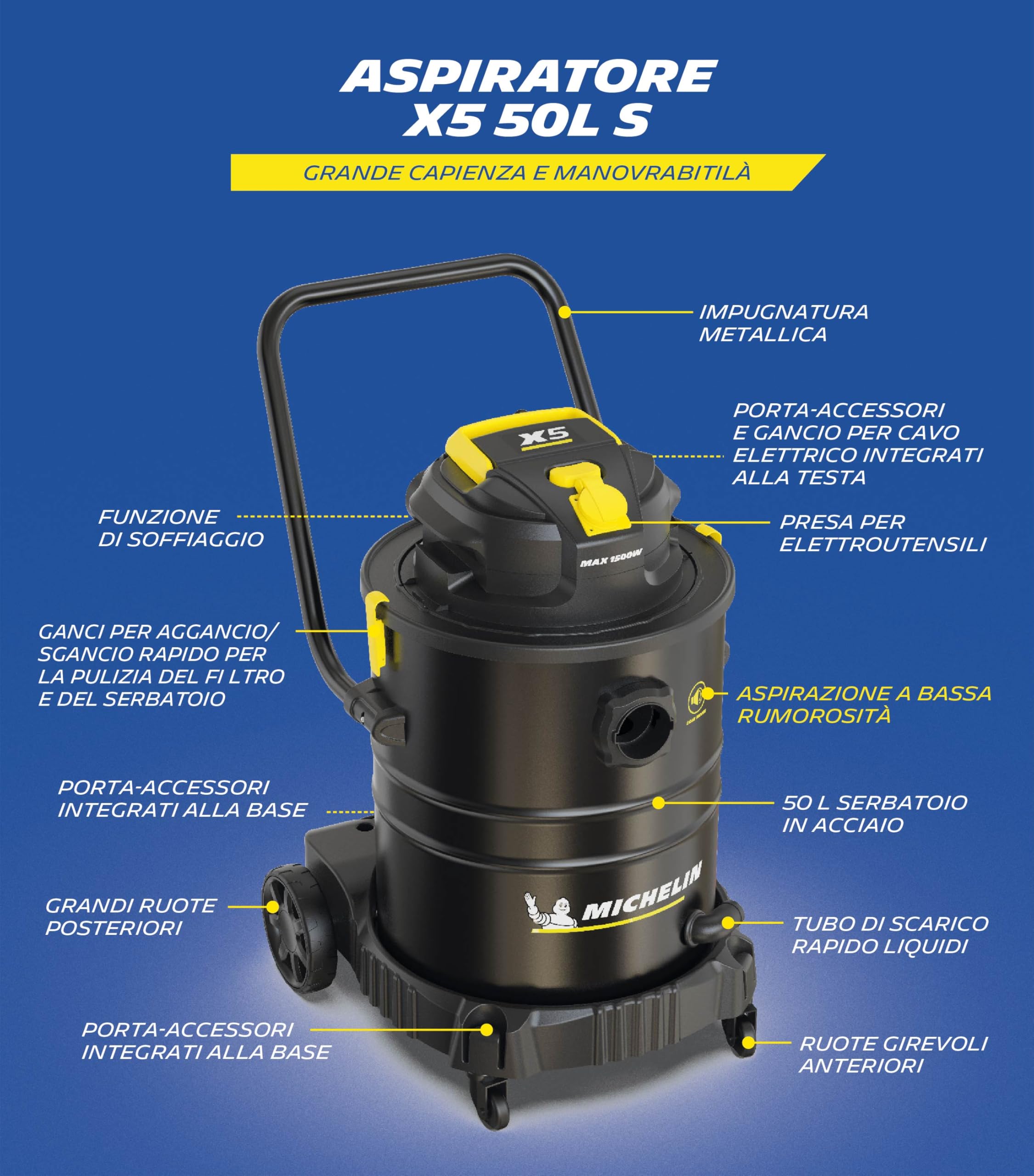Michelin X5 50LS Aspirador Industrial 50L 1000W - Seco Húmedo - Depósito INOX - Silencioso 60dB - Toma Herramientas - Drenaje Rápido