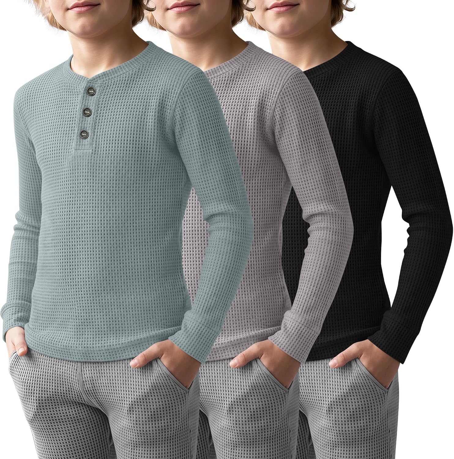3 Pack Boys Long Sleeve Henley Waffle Knit Shirts