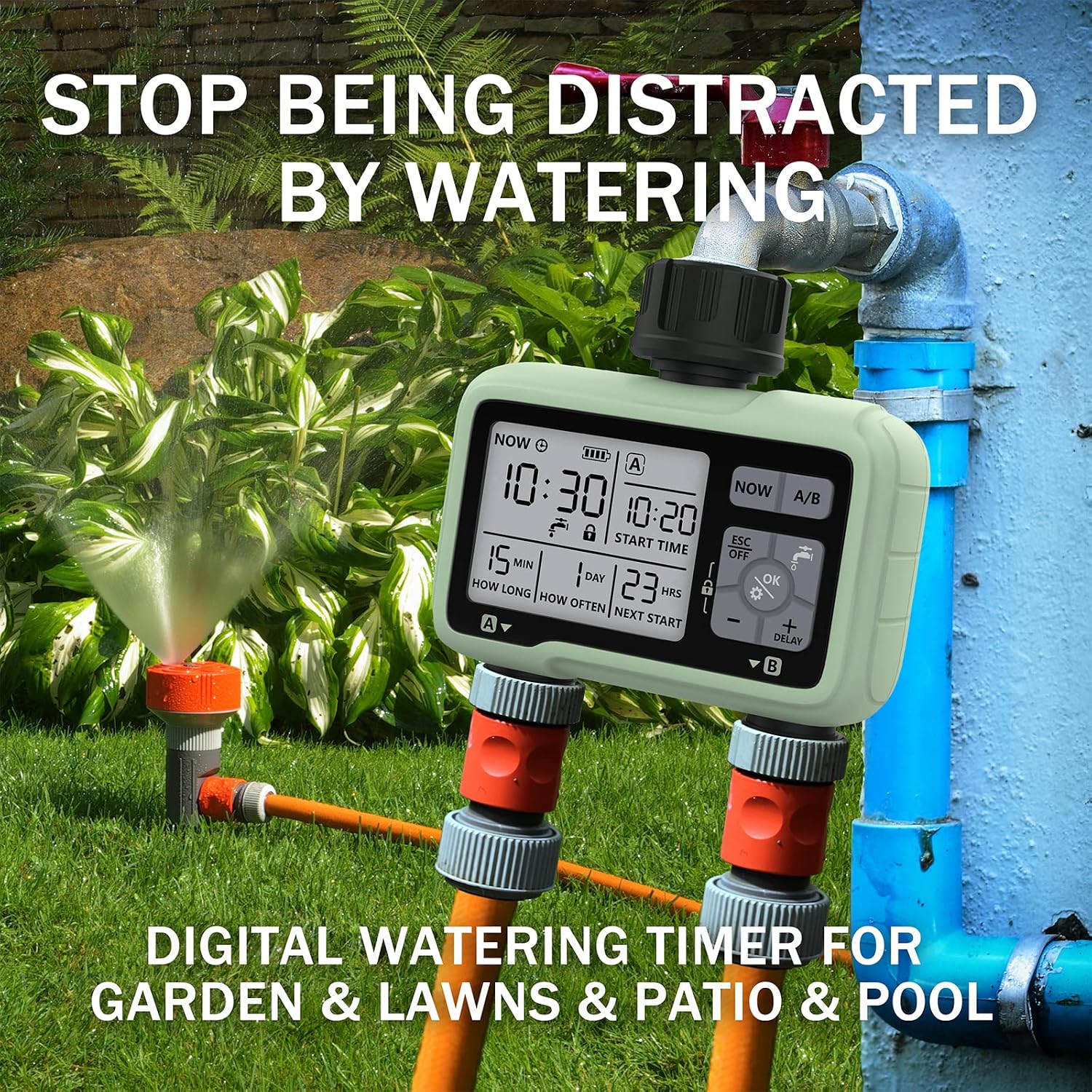 The Kazeila water timer connected to a garden faucet, demonstrating its use in an outdoor watering system.