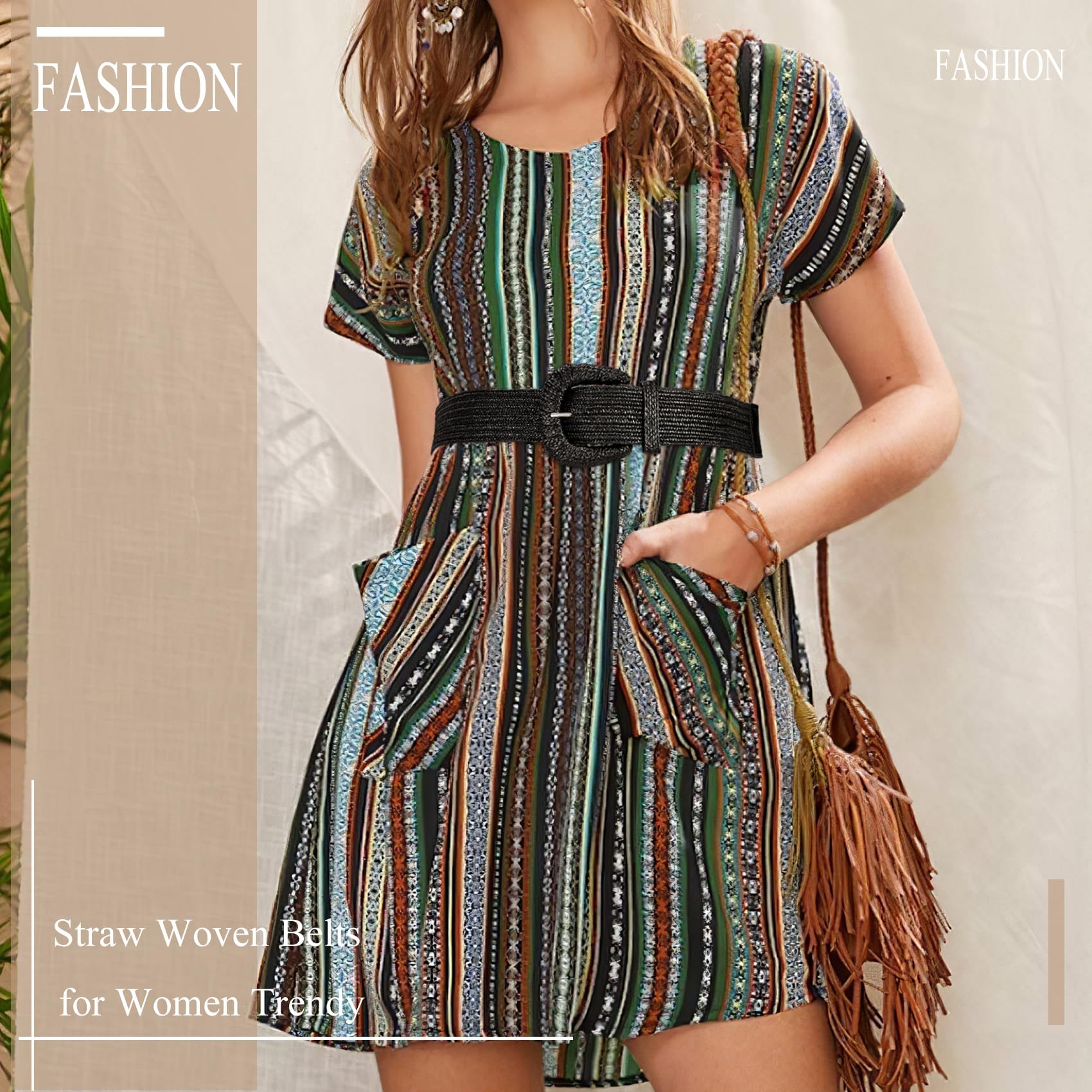 VONMELLI Cinturón elástico de paja trenzada para mujer correas elásticas para vestido de moda cinturón de cintura Boho Correas de mujer de rafia de ratán